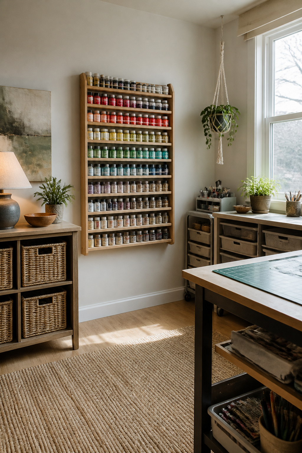 A wall-mounted spice rack filled with craft supplies.