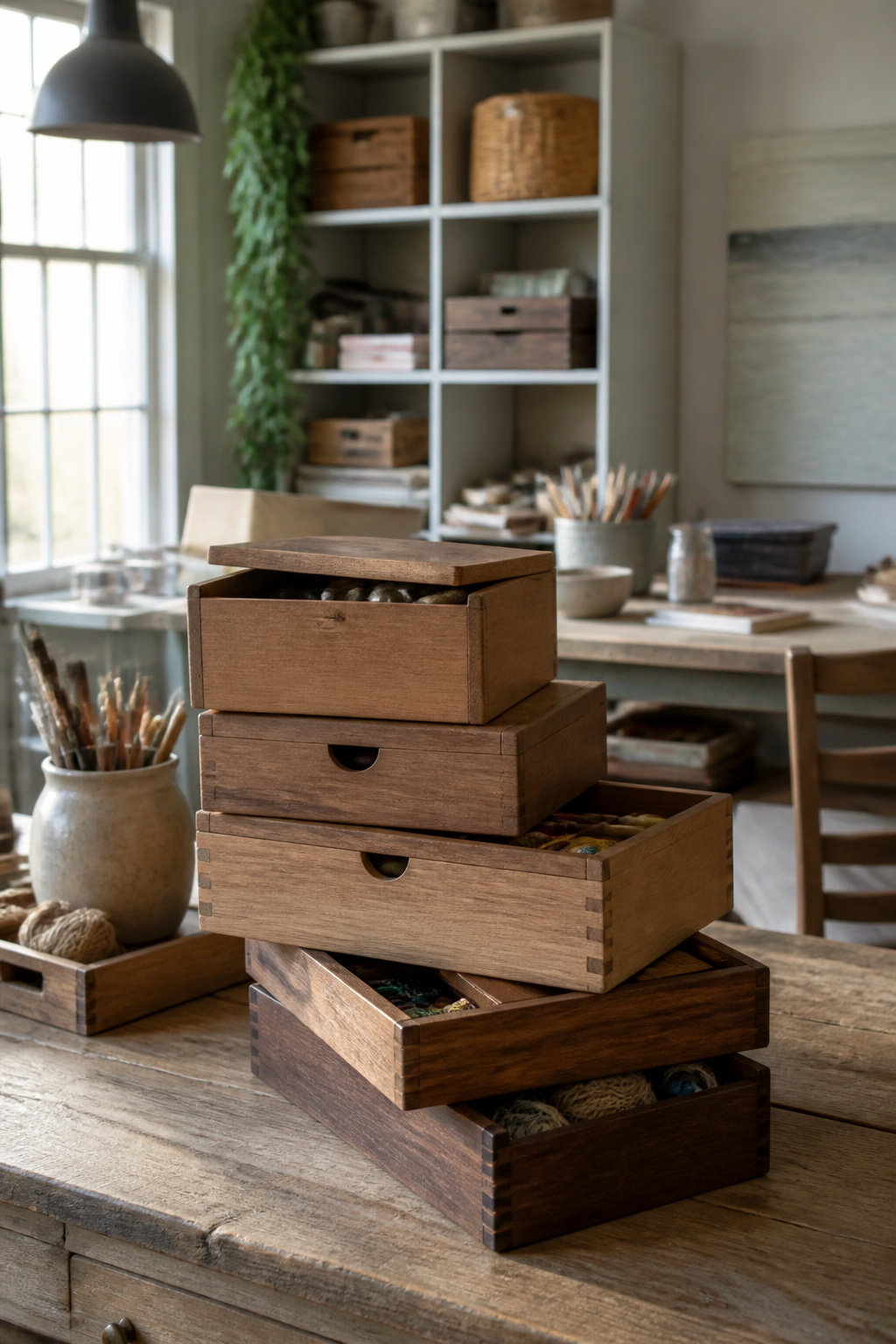 A stack of wooden cigar boxes used for craft storage.