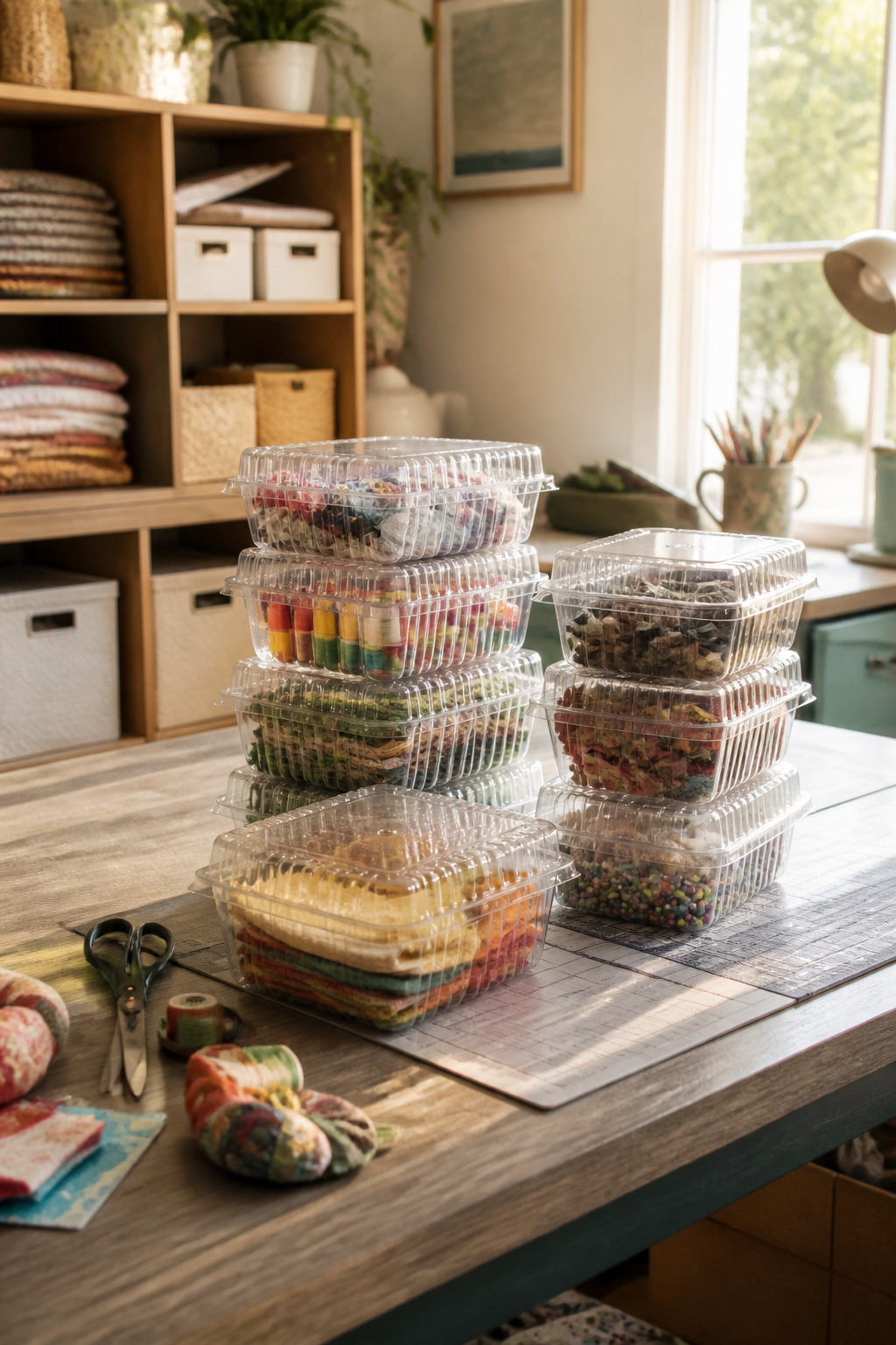 Clear plastic clamshell containers holding craft supplies.