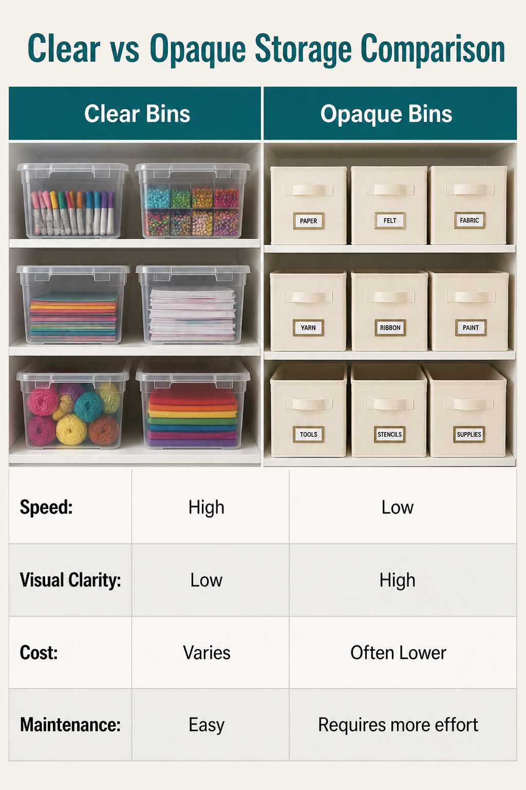 A comparison of clear and opaque storage bins for crafts.