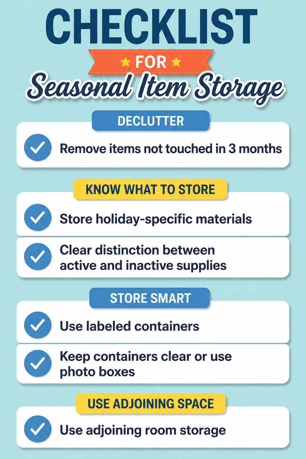 A checklist for seasonal item storage in a craft room.