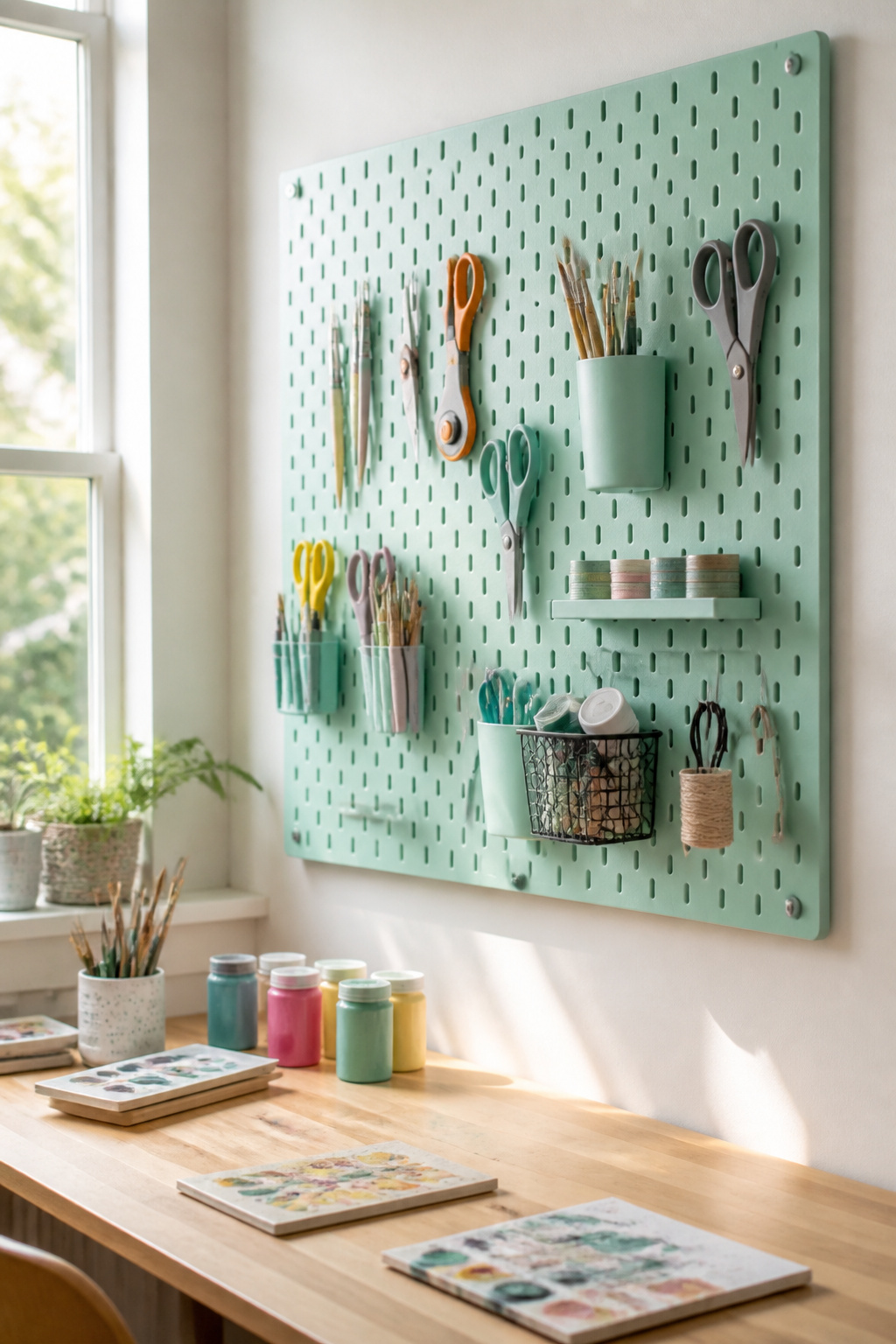 A pegboard with various hooks holding scissors and crafting tools.