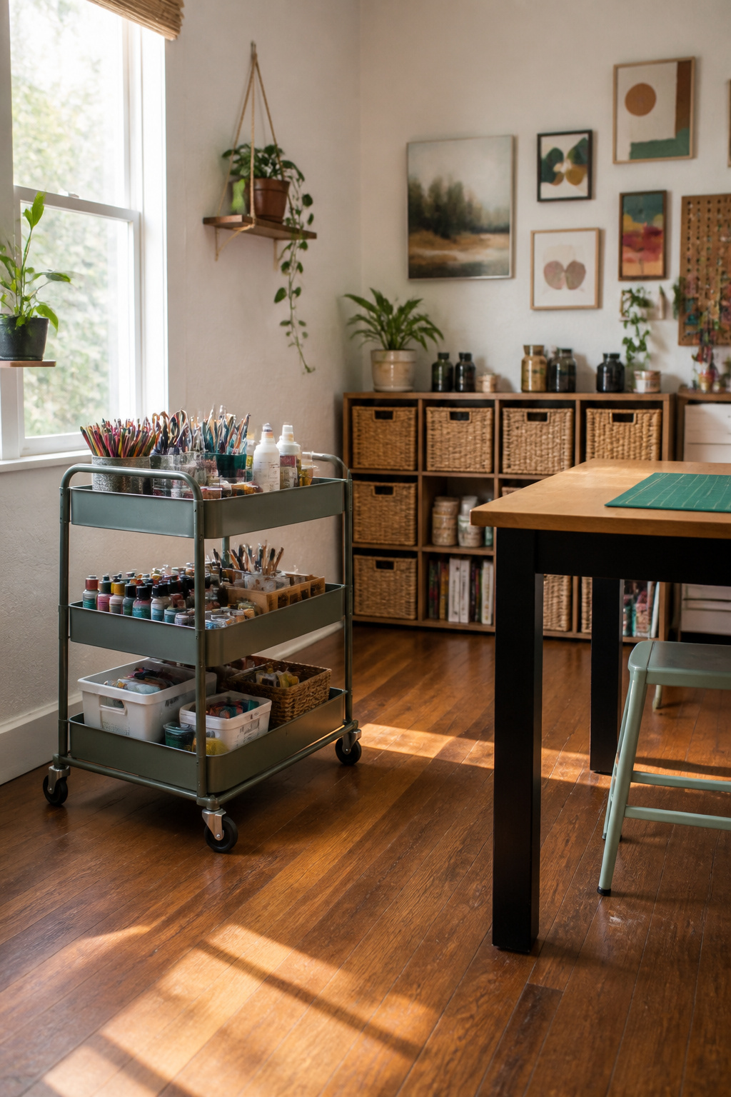 Three-tiered rolling cart with craft supplies neatly organized.