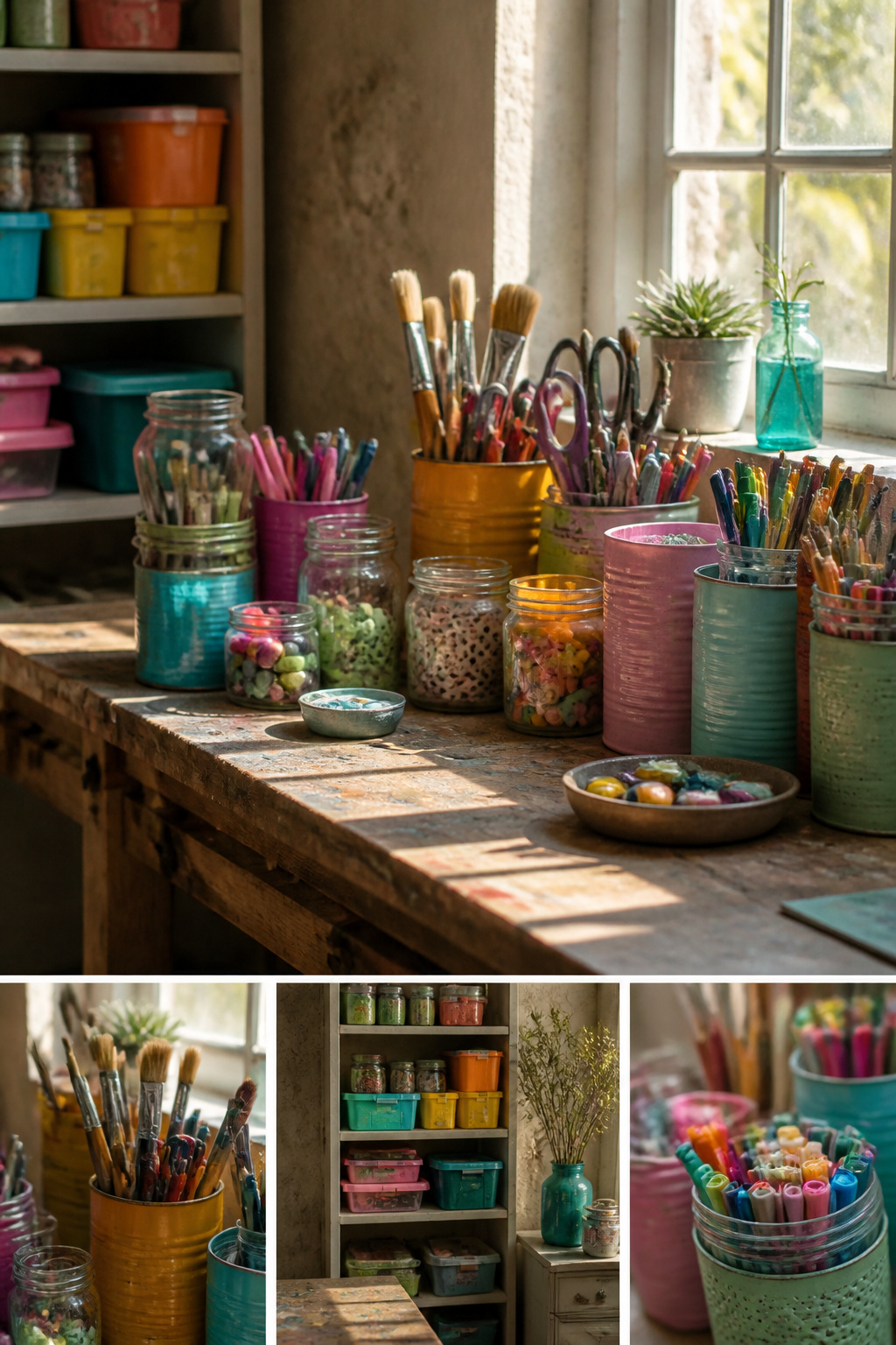 Glass jars and tin cans used for storing craft supplies.
