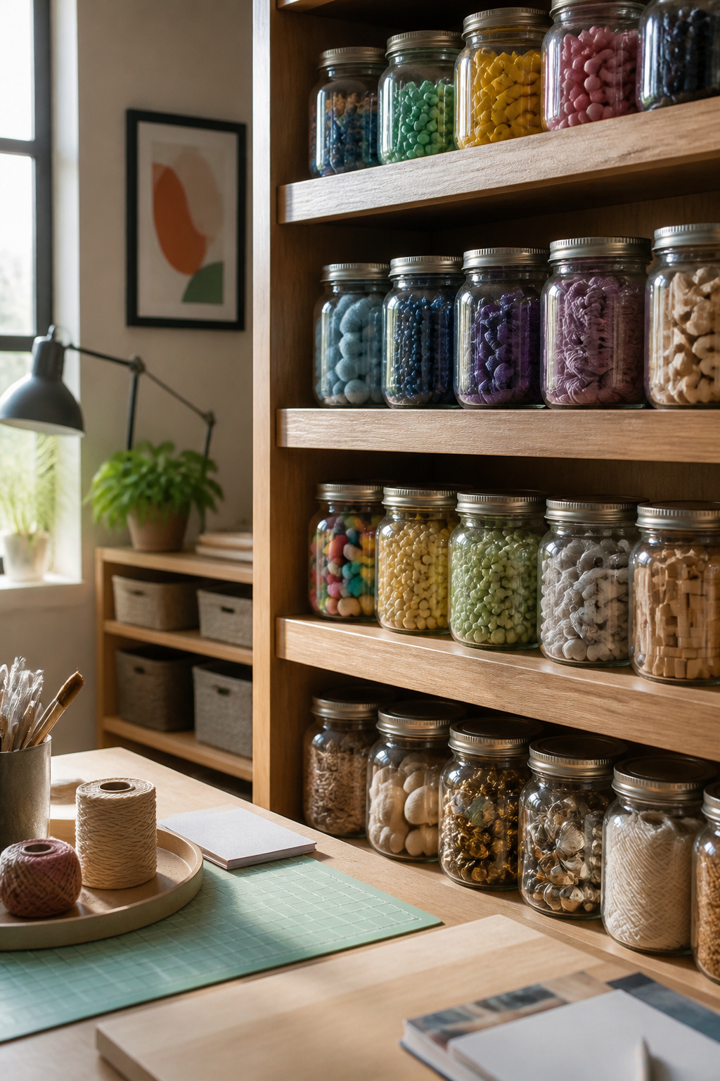 Jars with heat-activated vinyl labels neatly arranged on shelves.
