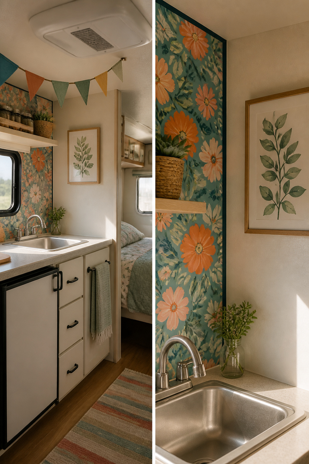 14 Cute Camper Decor Ideas to Transform Your Space in 2026 1 Peel-and-stick wallpaper applied on camper walls behind a sink.