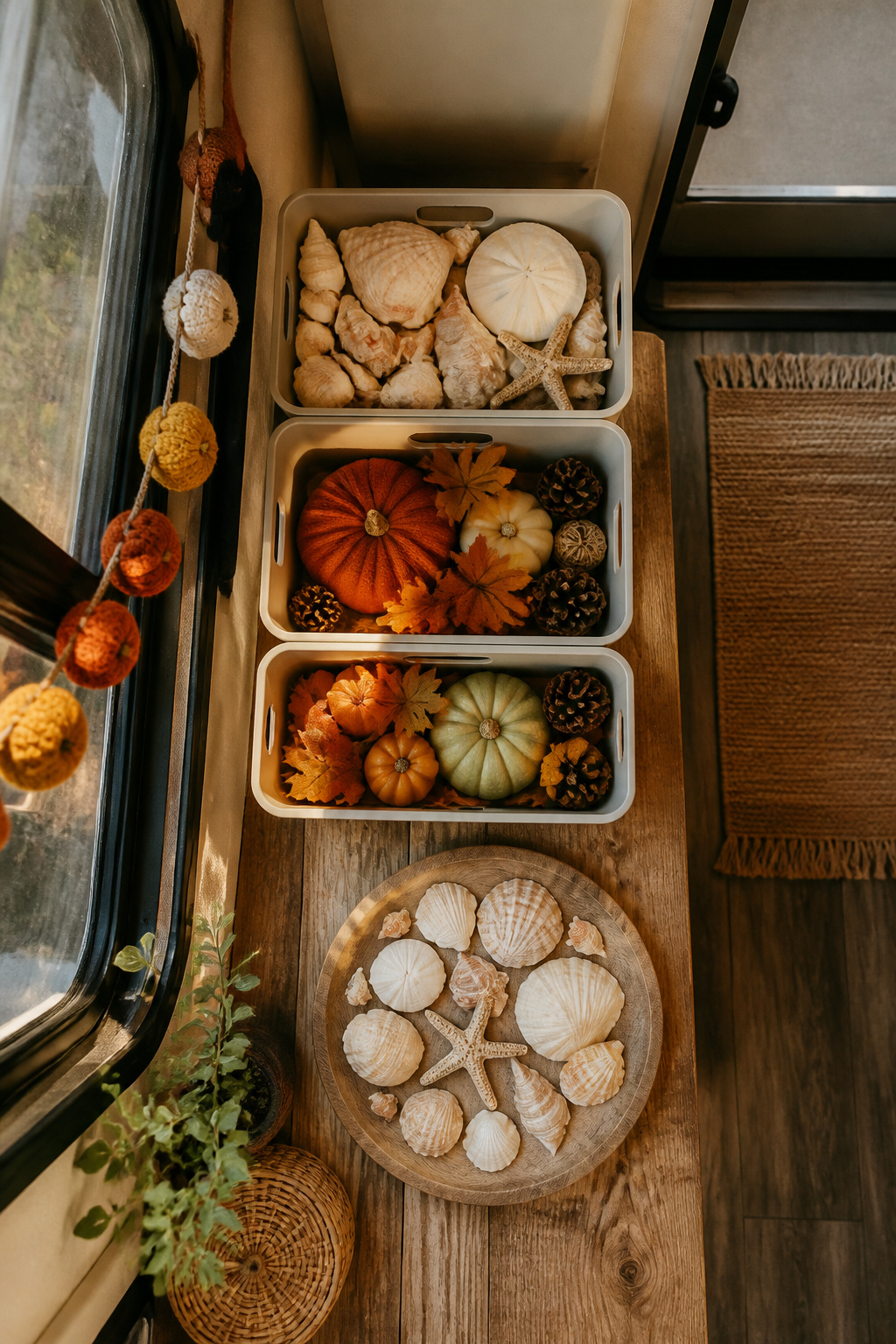 14 Cute Camper Decor Ideas to Transform Your Space in 2026 10 Seasonal decor bins organized in a camper storage compartment.