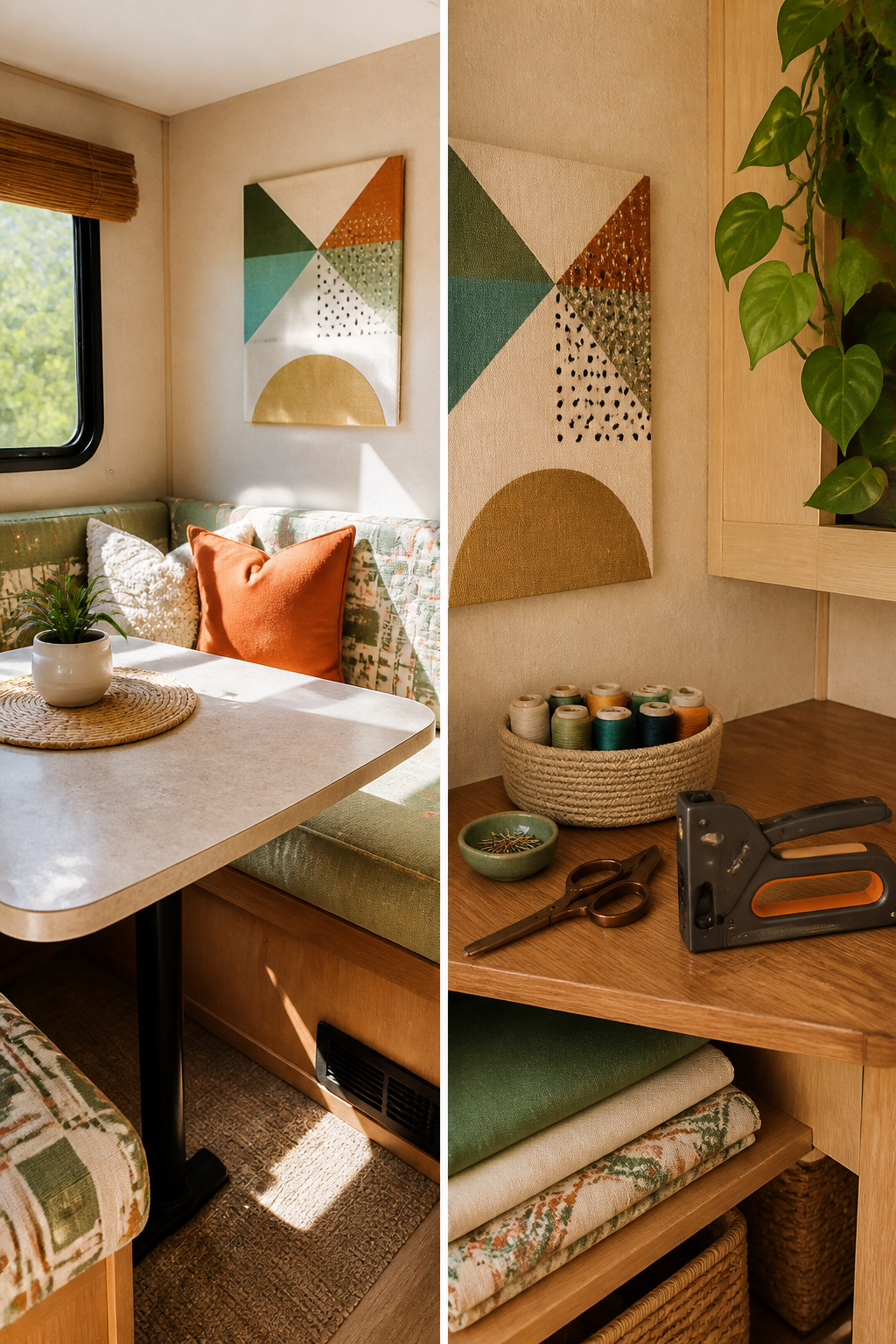 14 Cute Camper Decor Ideas to Transform Your Space in 2026 11 Handmade wall art and reupholstered cushions in a camper.