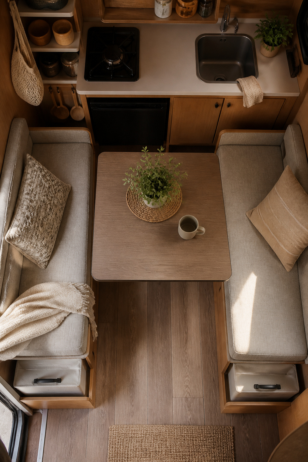 14 Cute Camper Decor Ideas to Transform Your Space in 2026 12 Stacked storage bins and shelves inside a camper.