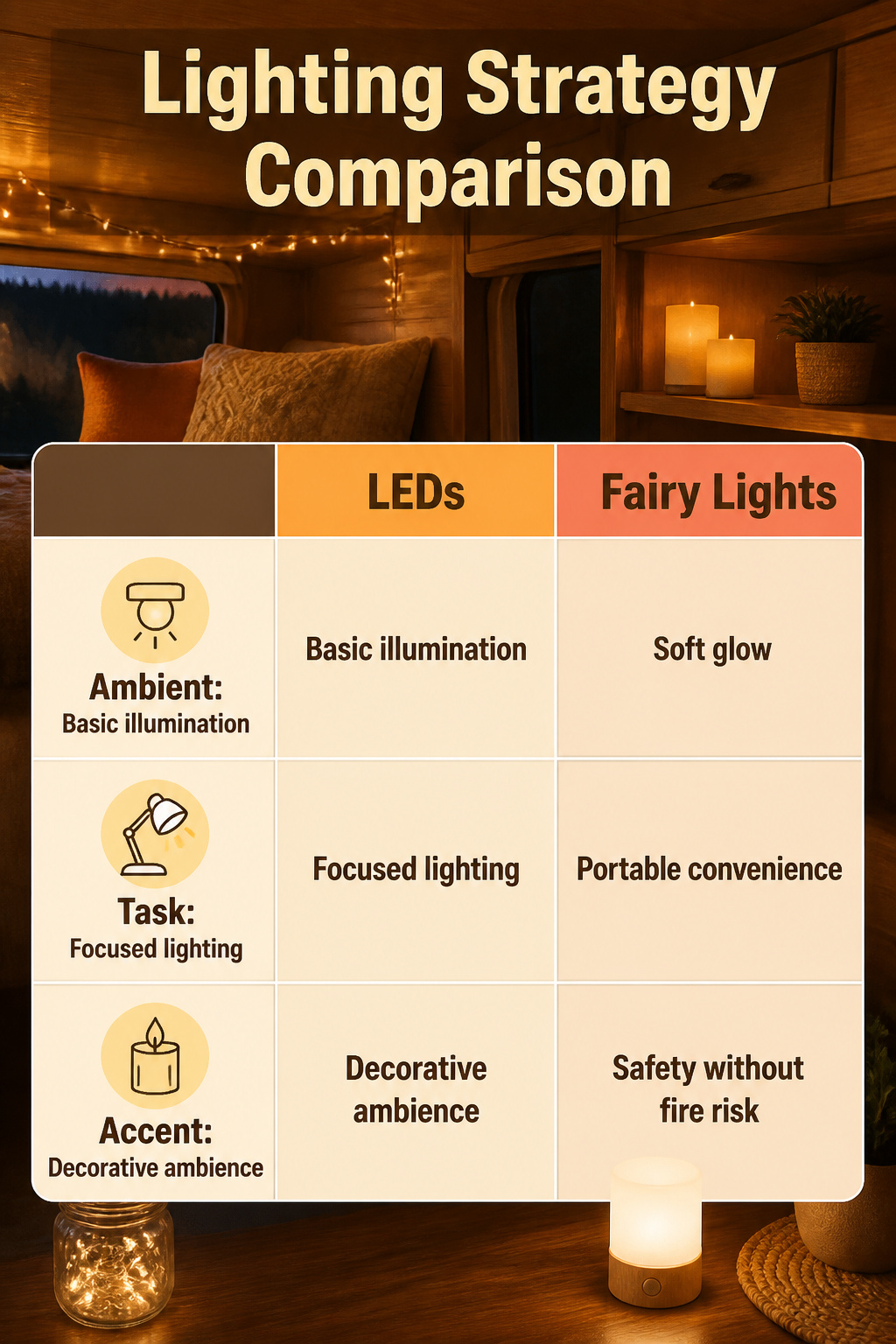 14 Cute Camper Decor Ideas to Transform Your Space in 2026 15 Different lighting sources used inside a camper.