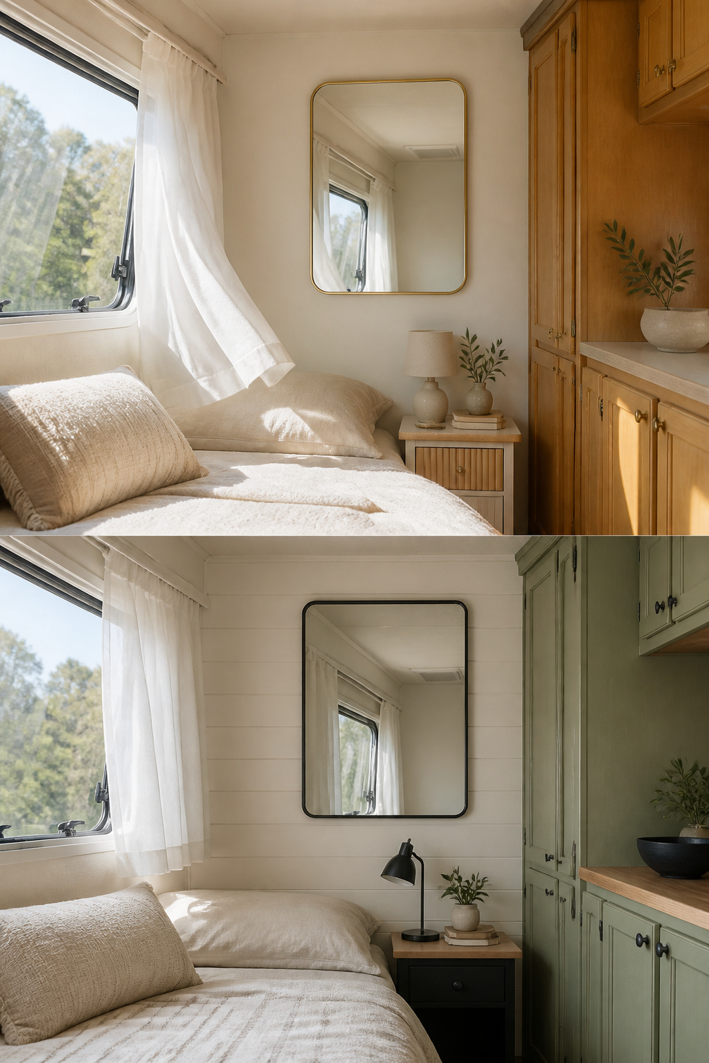 14 Cute Camper Decor Ideas to Transform Your Space in 2026 2 Sheer curtains and a mirror in a compact camper interior.
