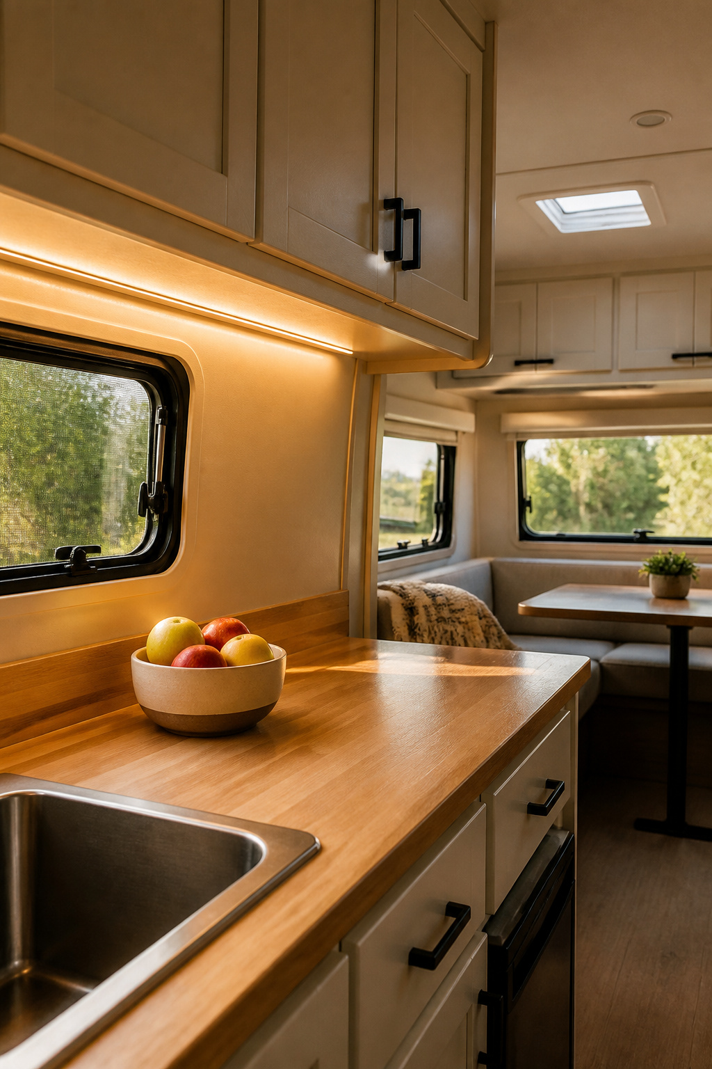 14 Cute Camper Decor Ideas to Transform Your Space in 2026 3 Smart lighting illuminating a compact camper kitchen with fruit bowl.