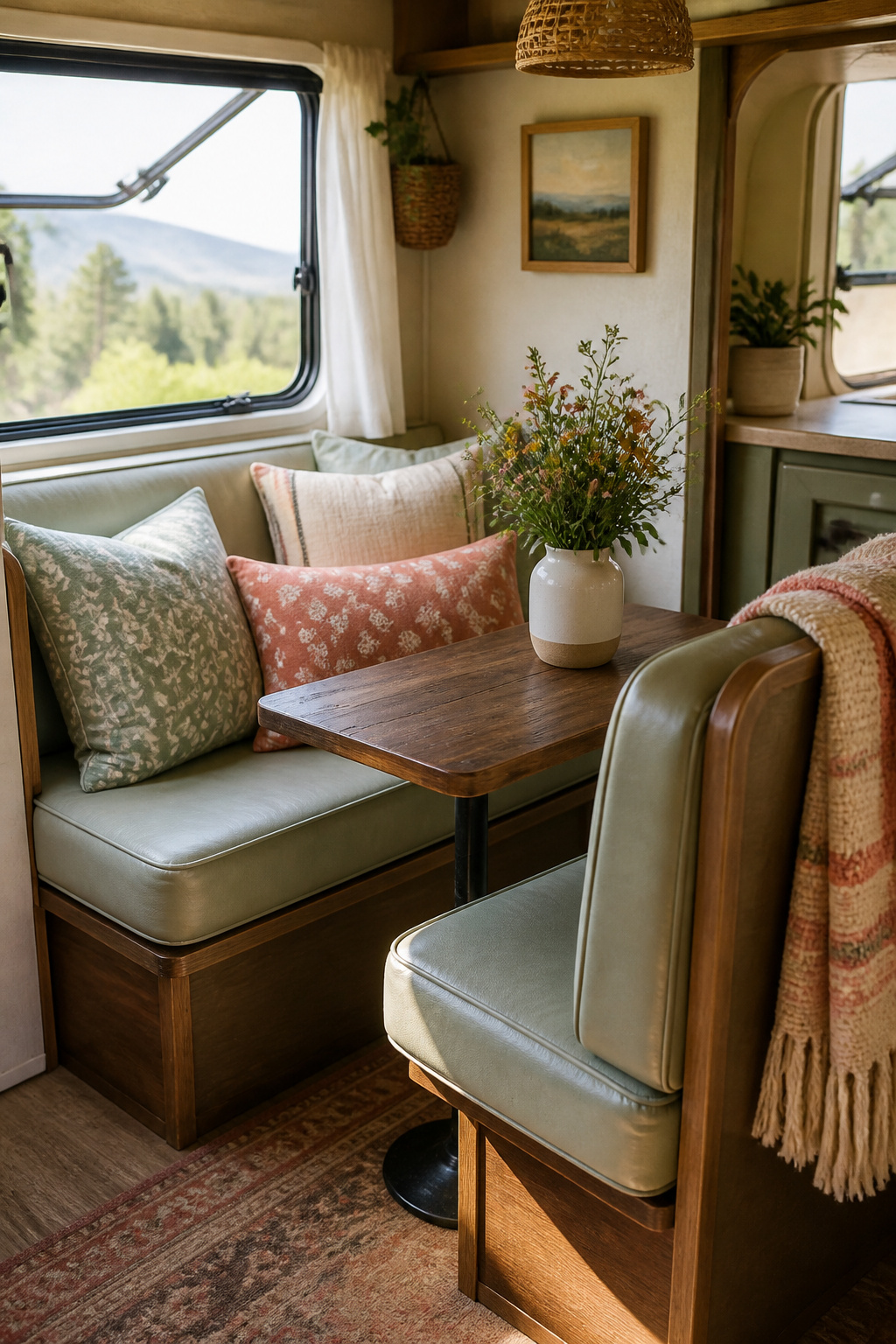 14 Cute Camper Decor Ideas to Transform Your Space in 2026 4 Colorful throw pillows and a blanket on a camper dinette.