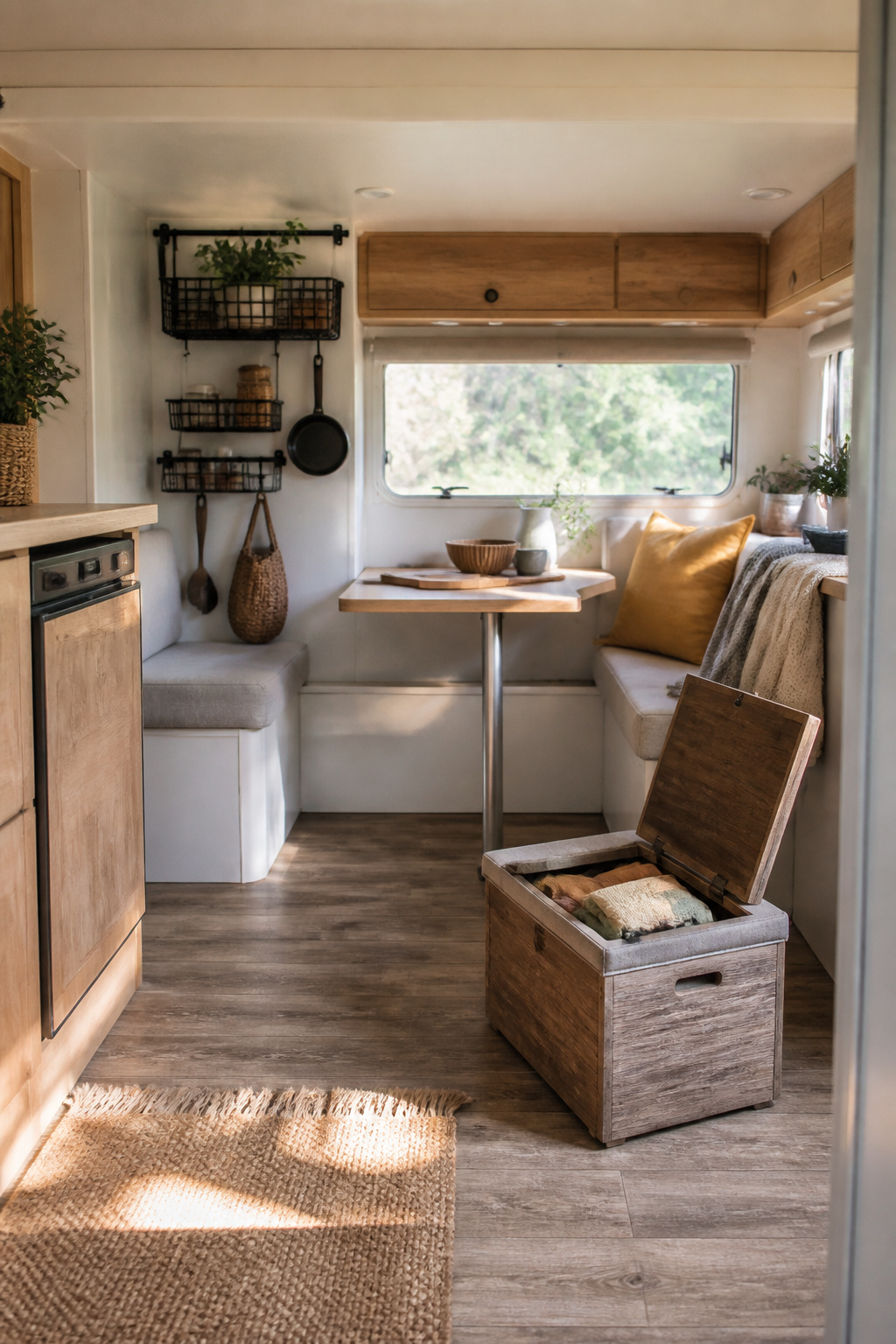 14 Cute Camper Decor Ideas to Transform Your Space in 2026 5 Compact multi-purpose furniture including a storage bench in a camper.