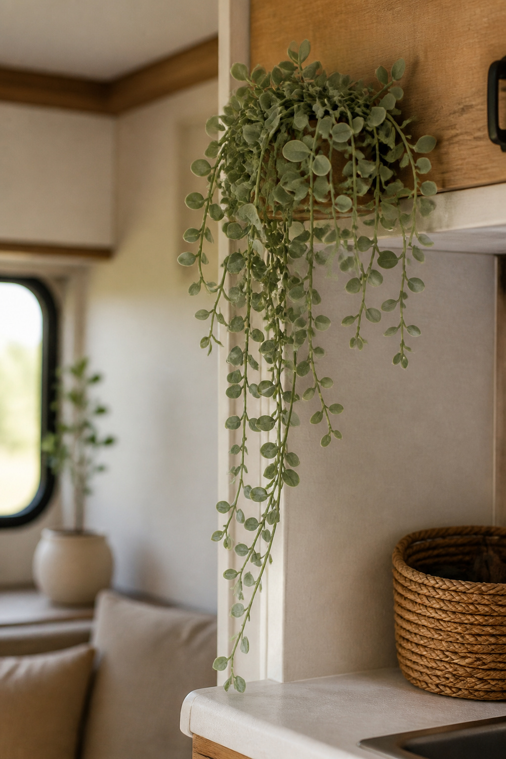 14 Cute Camper Decor Ideas to Transform Your Space in 2026 6 Faux plants displayed in a compact camper interior.
