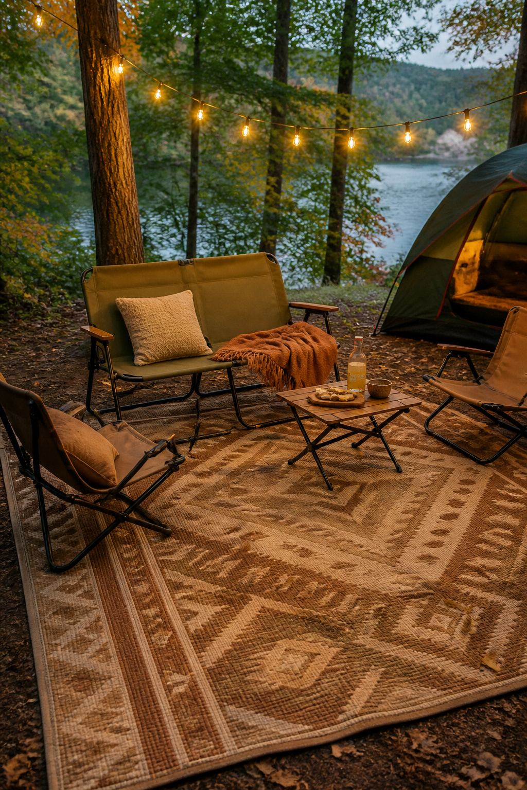 14 Cute Camper Decor Ideas to Transform Your Space in 2026 7 Outdoor rug and furniture set up outside a camper.