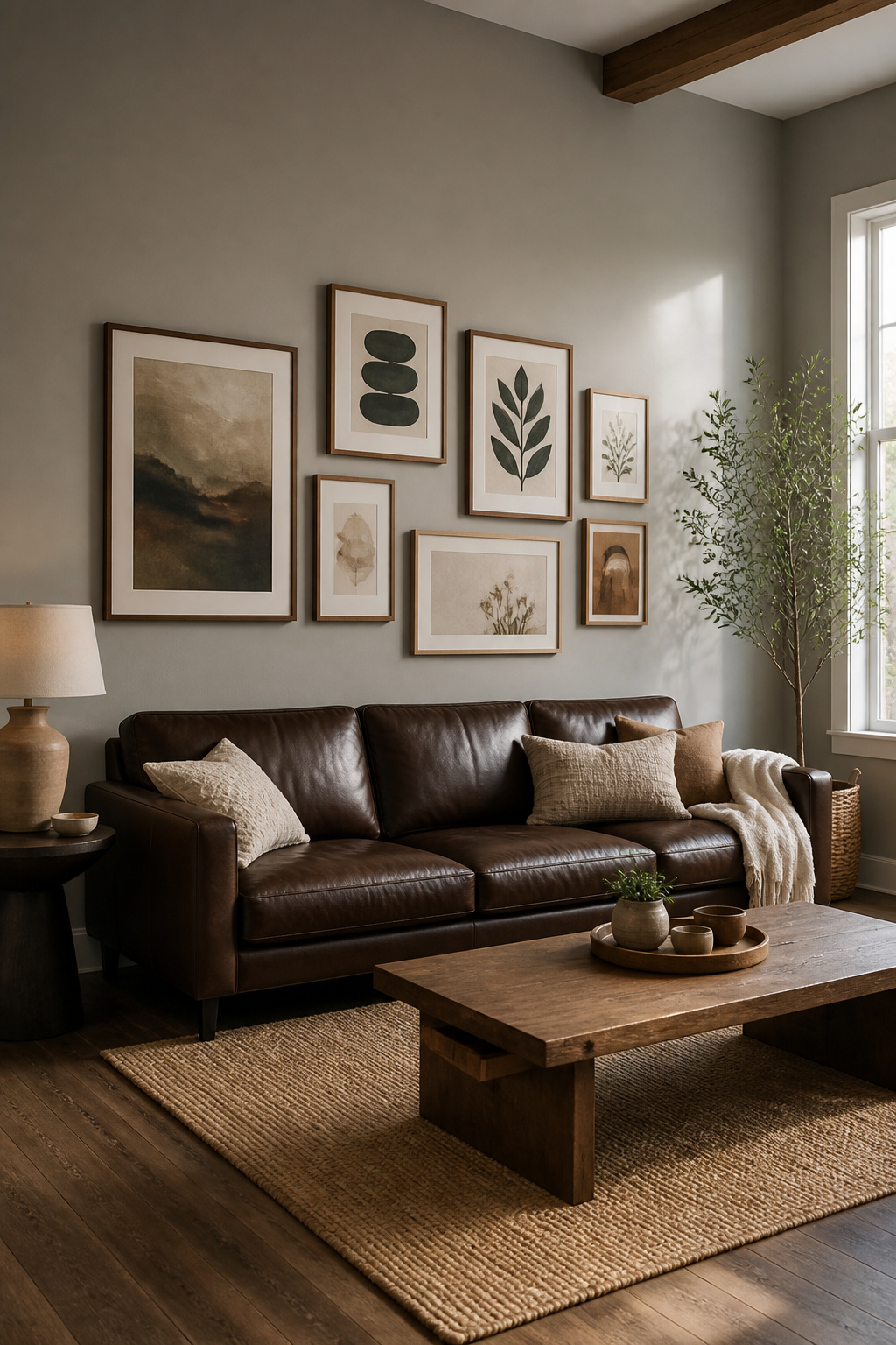 Collection of framed artwork mounted above a dark brown couch.