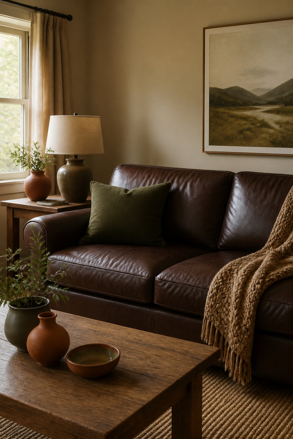 Dark brown couch with earthy-colored pillows and decor.