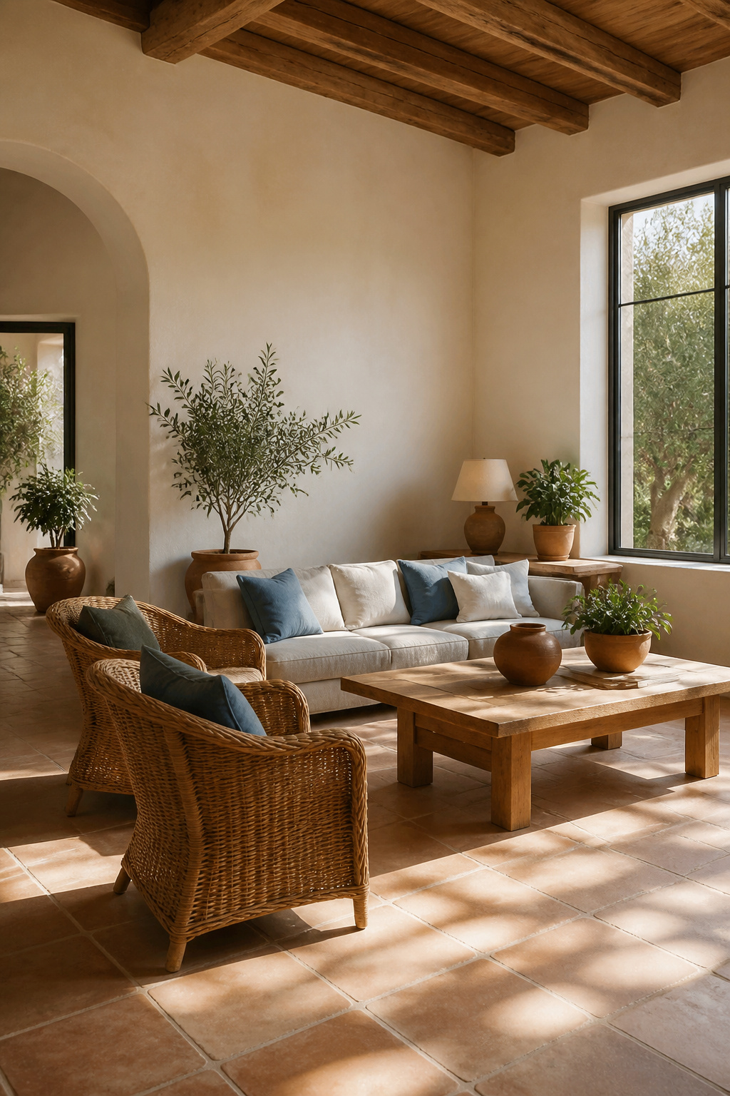 Living room with lime plaster walls and wicker armchairs.
