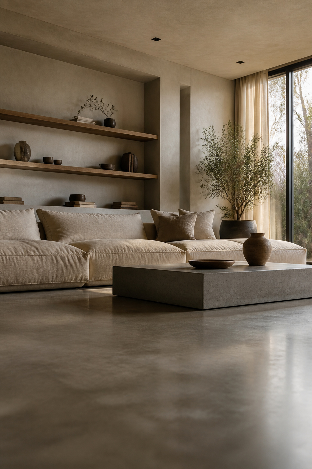 Living room showcasing low-profile furniture and textured rugs.