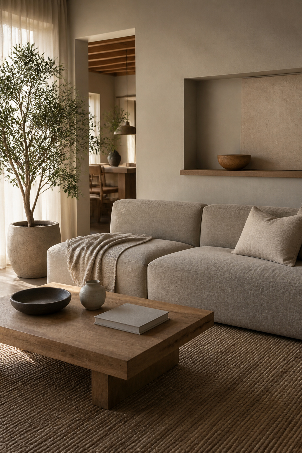 Minimalistic living room showcasing a gray sofa and large plant.
