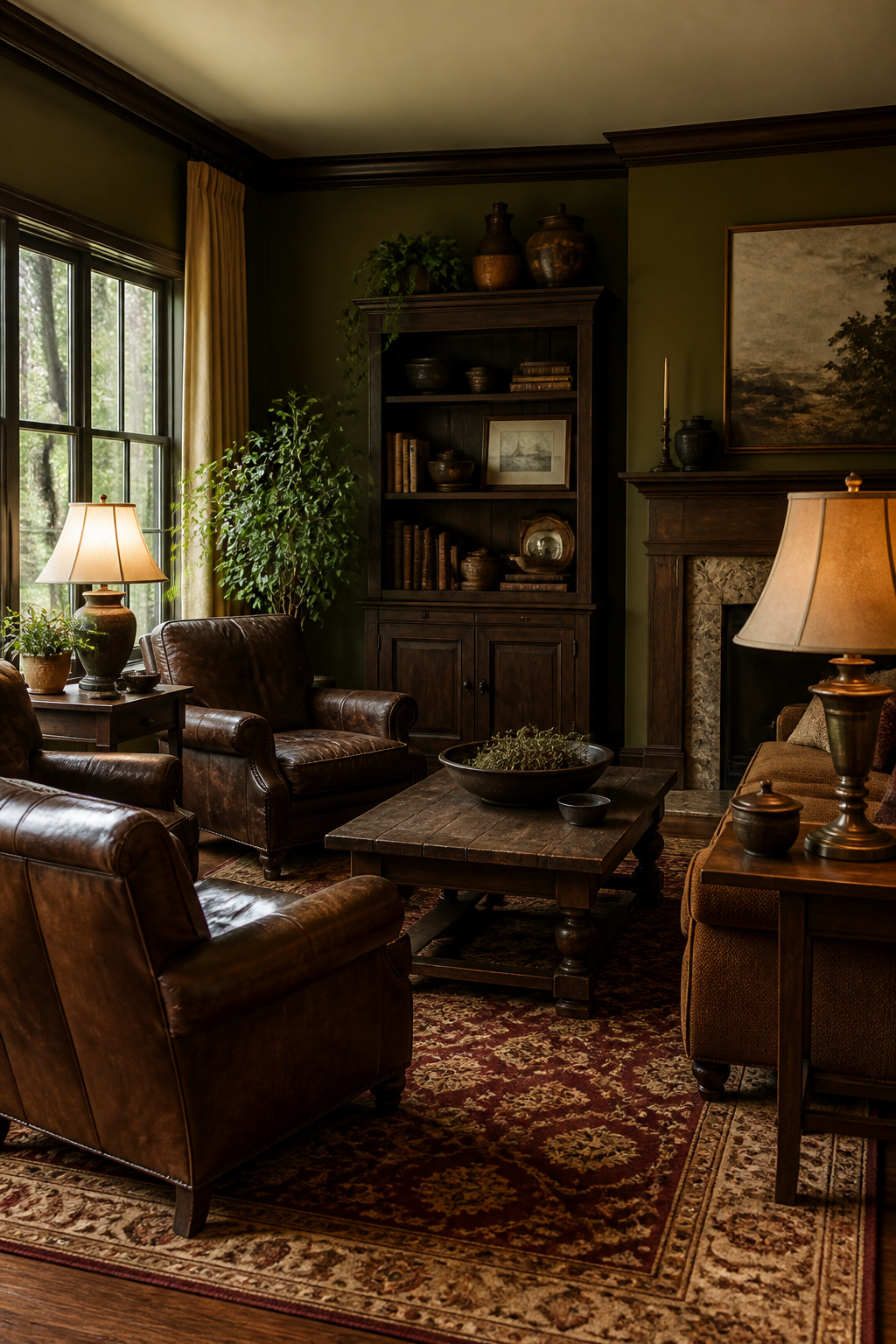 Living room featuring dark wood furniture and slouched leather chairs.