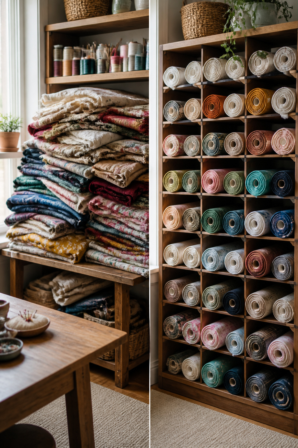 37 Fabric Storage Ideas to Organize Every Stash Size in 2026 1 Rolled fabric stored neatly in a bin and an old wine rack.