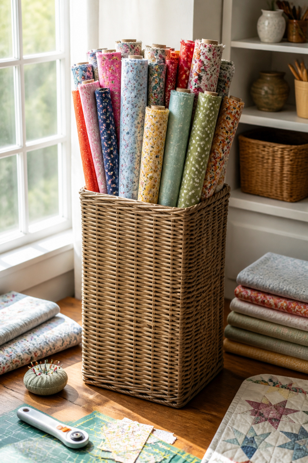 37 Fabric Storage Ideas to Organize Every Stash Size in 2026 11 Tall laundry basket filled with rolled fabric standing upright.