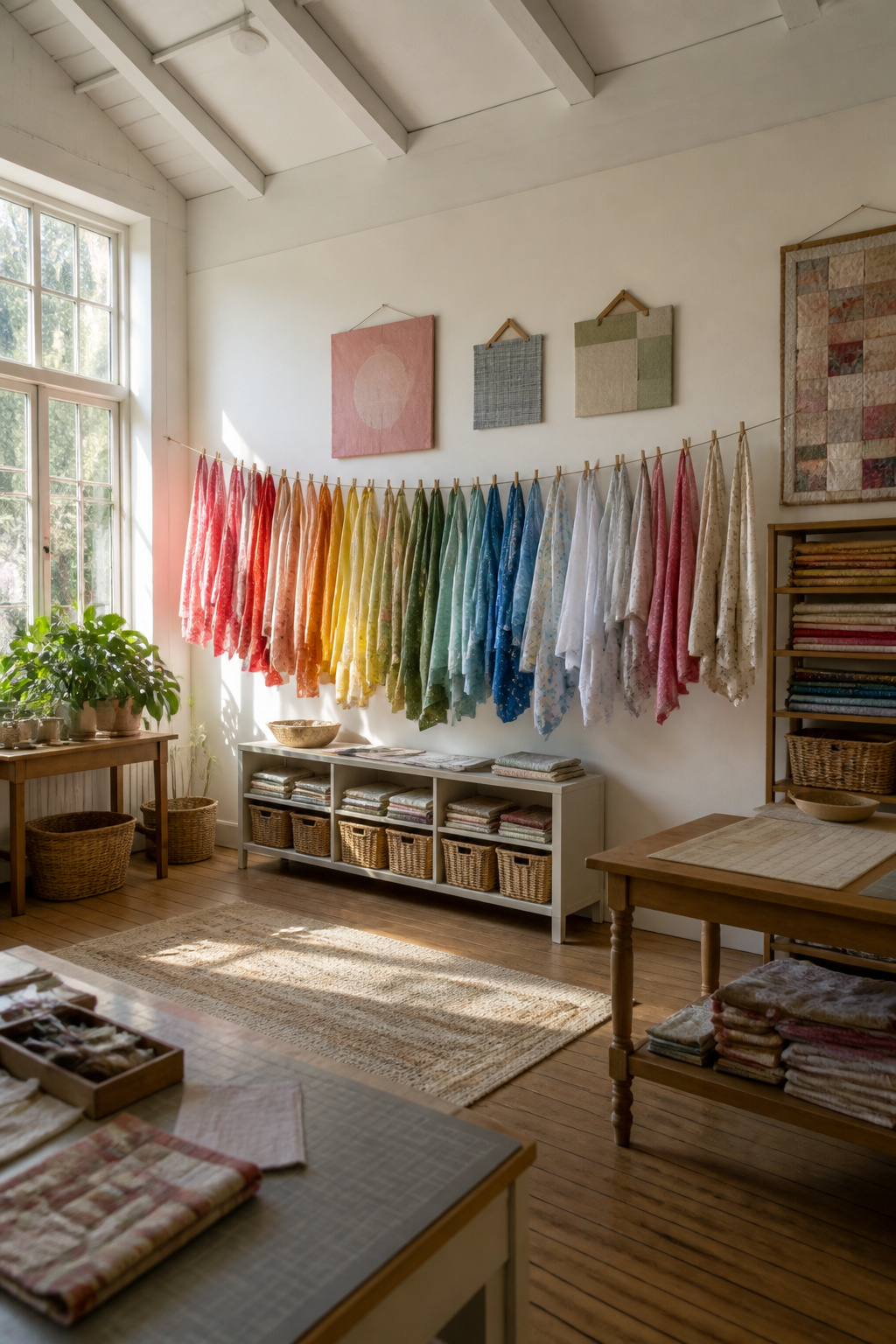 37 Fabric Storage Ideas to Organize Every Stash Size in 2026 12 Fabric hanging from hooks on a wall in a creative display.