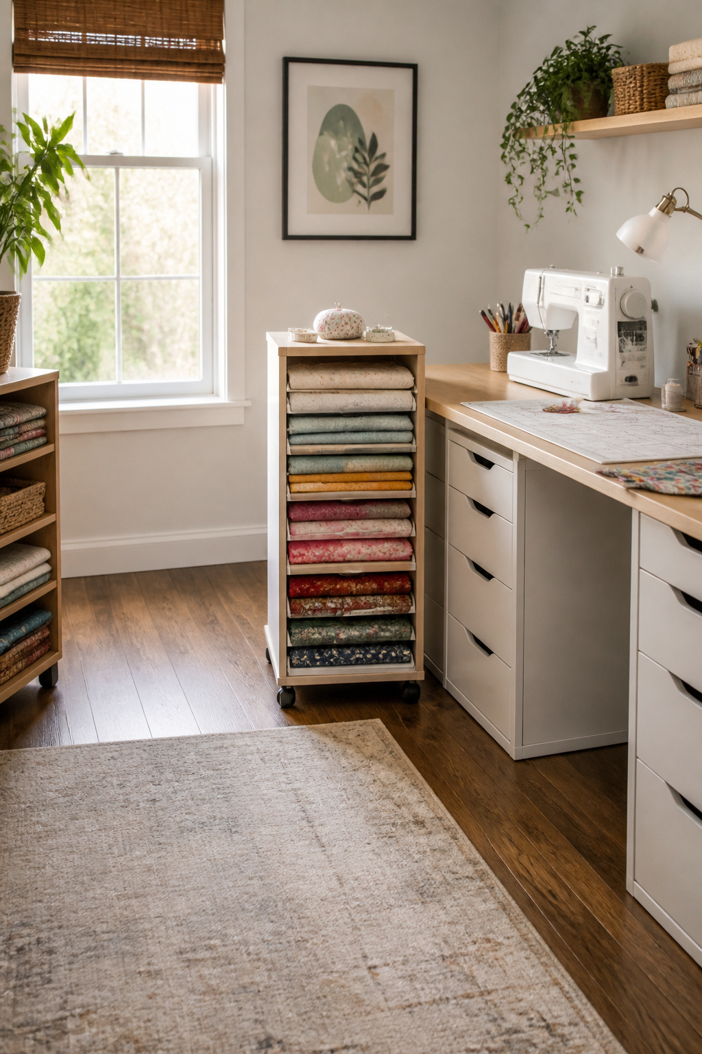 37 Fabric Storage Ideas to Organize Every Stash Size in 2026 13 Fabric storage cart with various compartments for holding fabric.