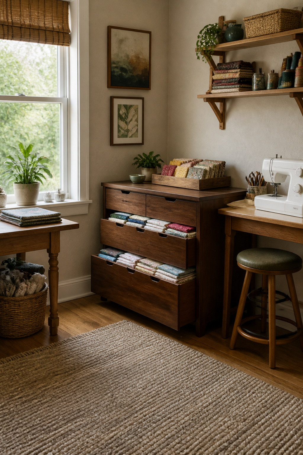 37 Fabric Storage Ideas to Organize Every Stash Size in 2026 14 Sewing cabinet with open drawers filled with folded fabric.