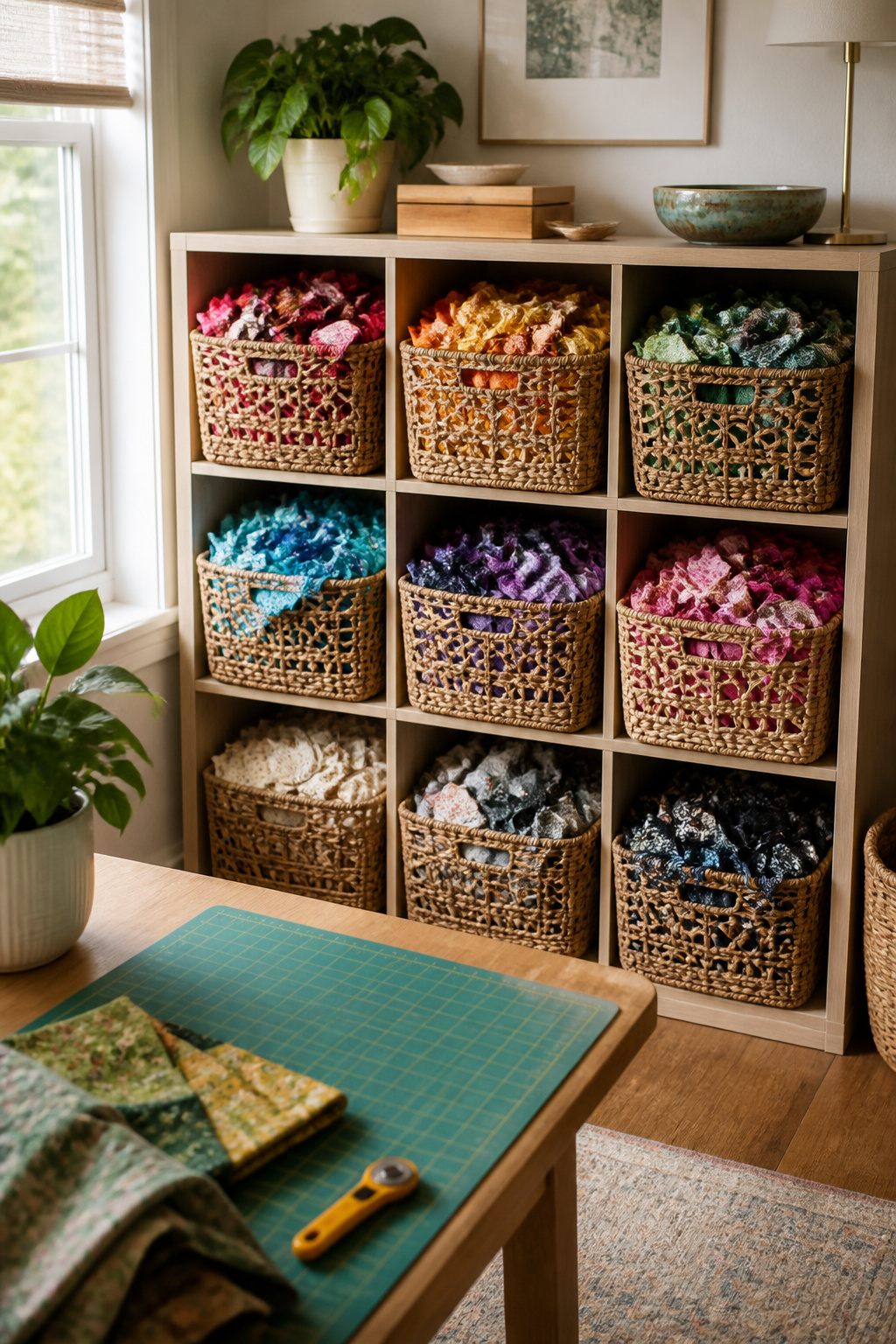 37 Fabric Storage Ideas to Organize Every Stash Size in 2026 15 Colorful fabric scraps stored in open woven baskets on a shelf.