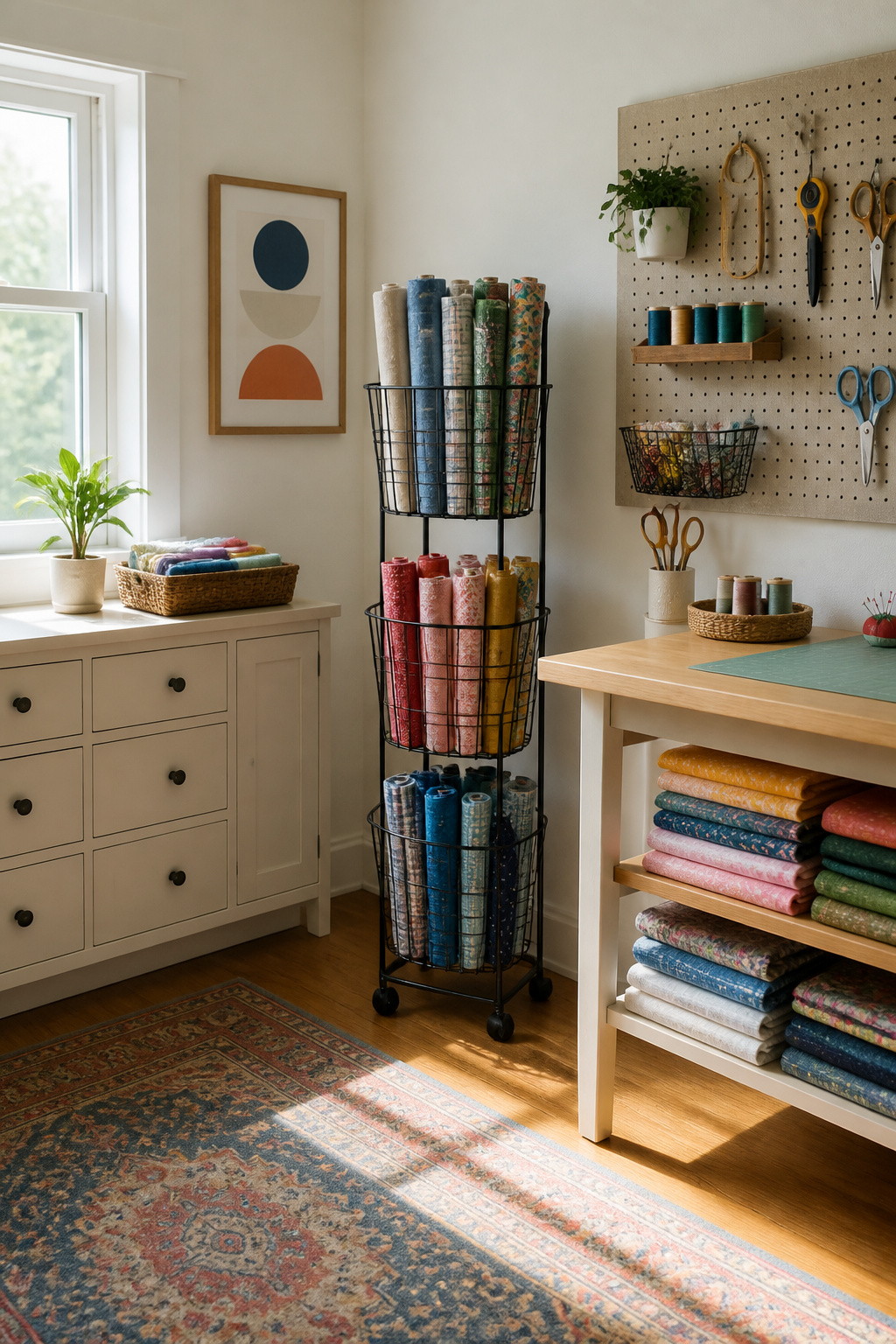 37 Fabric Storage Ideas to Organize Every Stash Size in 2026 16 Stacked wire baskets displaying fabric rolls in a vertical format.