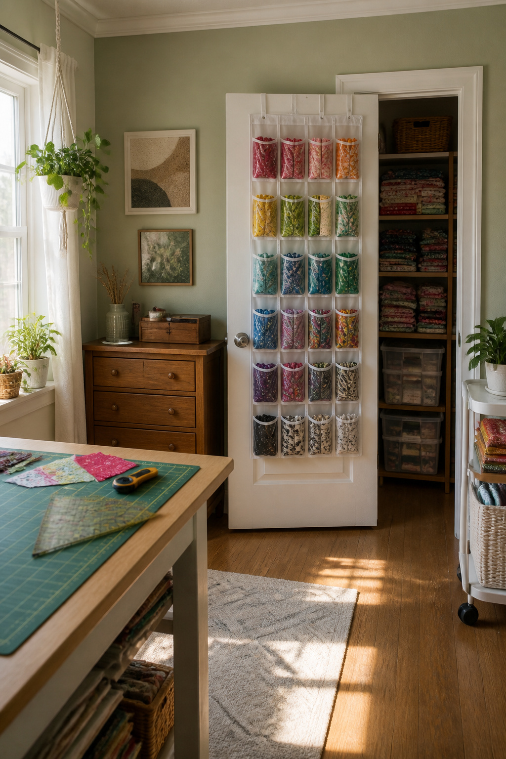 37 Fabric Storage Ideas to Organize Every Stash Size in 2026 18 Clear shoe organizer filled with small fabric scraps on a door.
