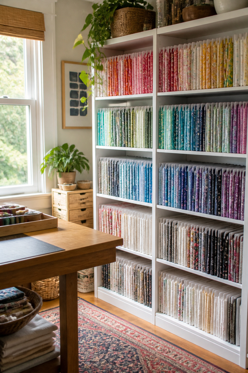 37 Fabric Storage Ideas to Organize Every Stash Size in 2026 2 Fabric neatly wrapped around comic book boards on a bookshelf.