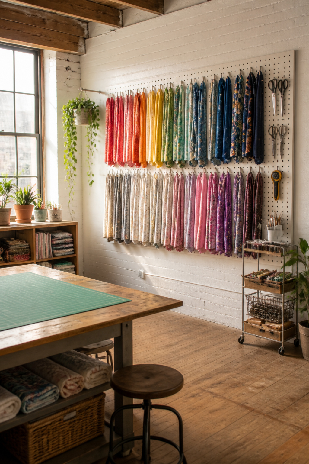 37 Fabric Storage Ideas to Organize Every Stash Size in 2026 20 Pegboard mounted on a wall displaying fabric and sewing tools.