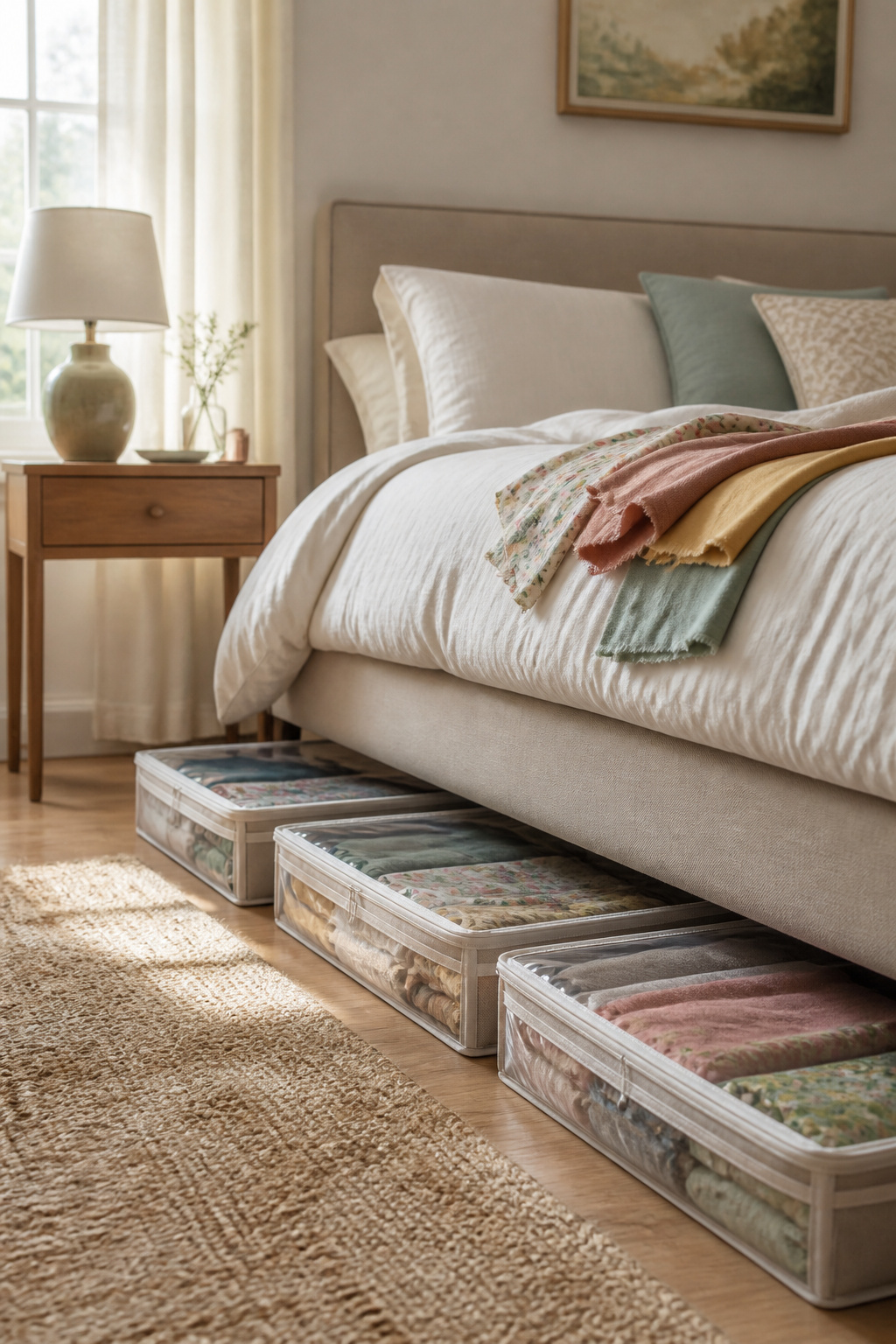 37 Fabric Storage Ideas to Organize Every Stash Size in 2026 21 Flat under-bed storage containers filled with fabric.