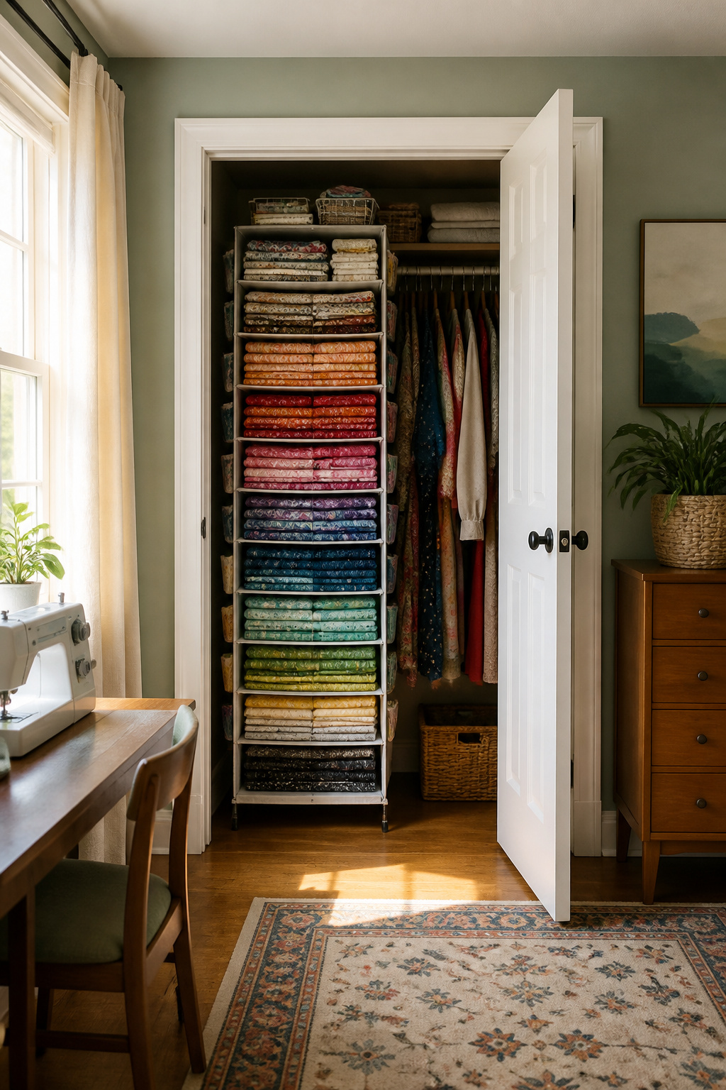 37 Fabric Storage Ideas to Organize Every Stash Size in 2026 22 Hanging organizer with multiple shelves filled with folded fabric.
