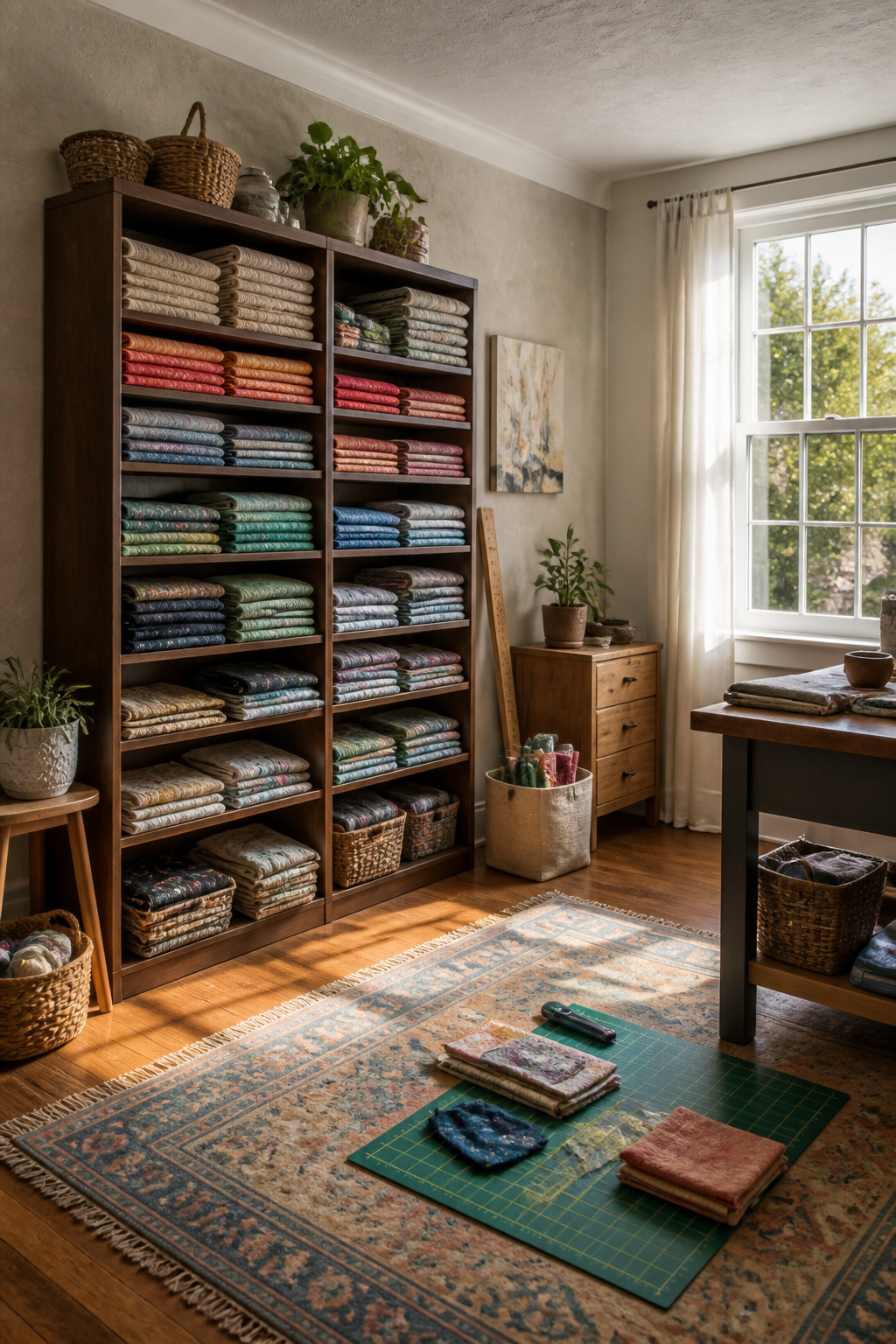 37 Fabric Storage Ideas to Organize Every Stash Size in 2026 23 Standard bookcase with neatly stacked fabric on adjustable shelves.