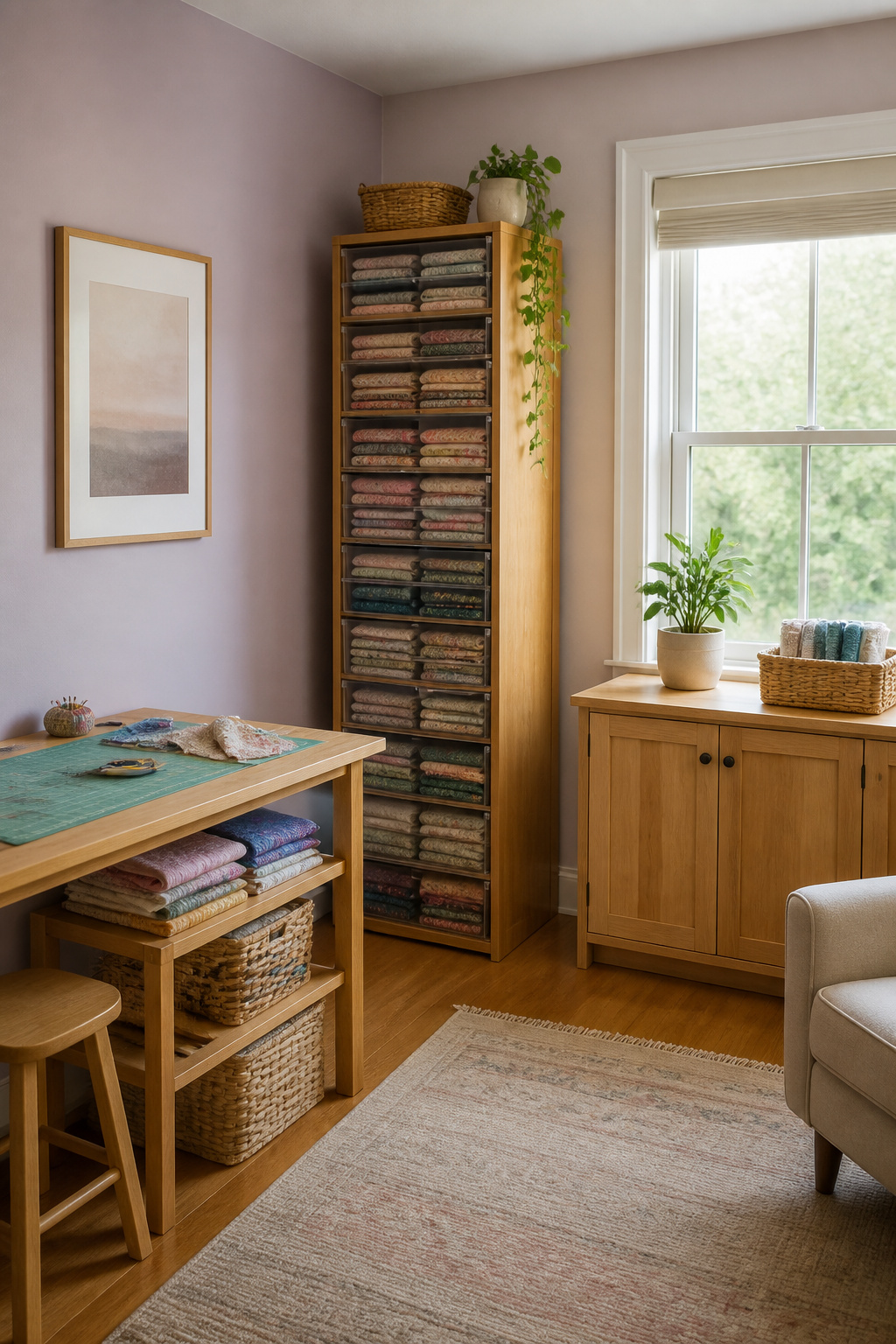 37 Fabric Storage Ideas to Organize Every Stash Size in 2026 24 Narrow fabric storage tower with several drawers for organization.