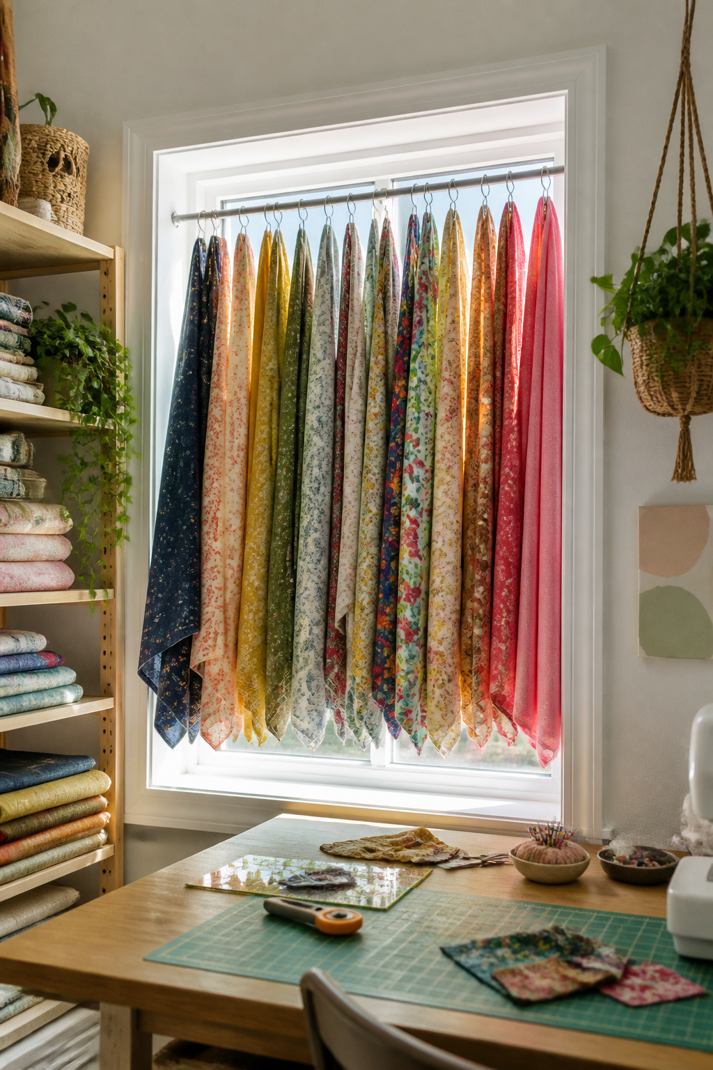 37 Fabric Storage Ideas to Organize Every Stash Size in 2026 25 Tension rod mounted in a window frame holding various fabrics.