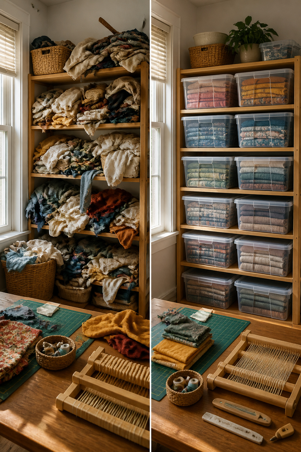 37 Fabric Storage Ideas to Organize Every Stash Size in 2026 26 Clear plastic stackable boxes filled with different fabric pieces.