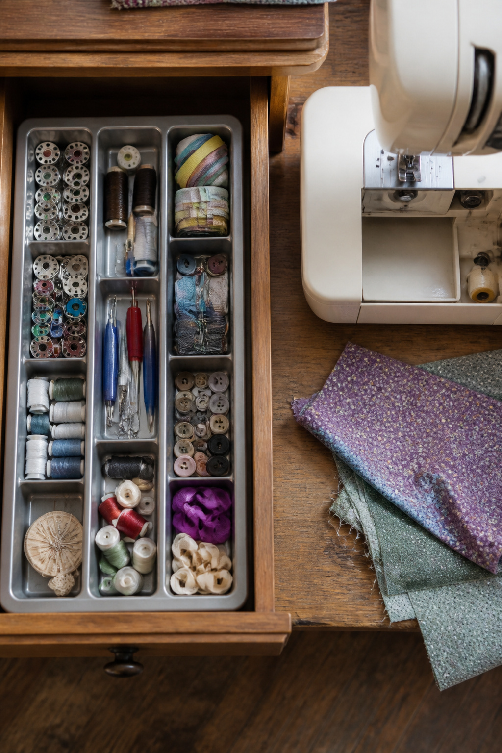 37 Fabric Storage Ideas to Organize Every Stash Size in 2026 27 Tray with angled slots holding various sewing notions and tools.