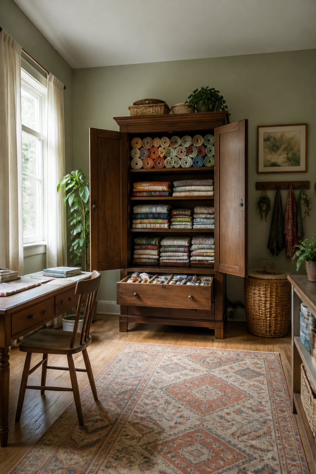 37 Fabric Storage Ideas to Organize Every Stash Size in 2026 28 Clothing armoire with fabric stored in drawers and hanging sections.