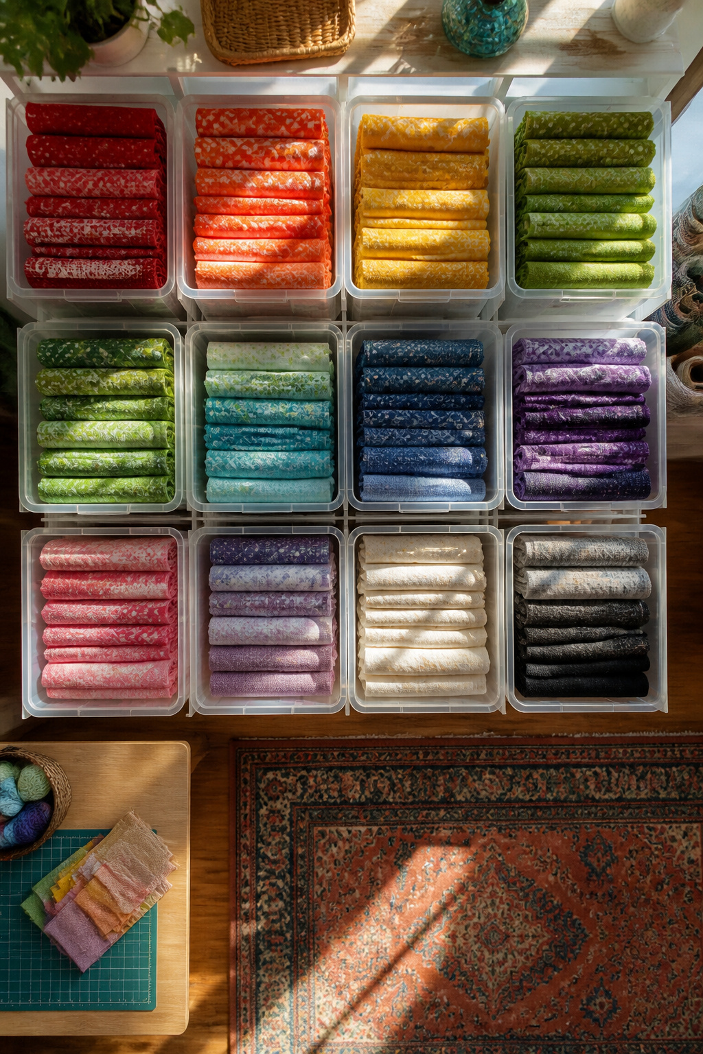 37 Fabric Storage Ideas to Organize Every Stash Size in 2026 3 Transparent bins stacked with various fabrics inside.