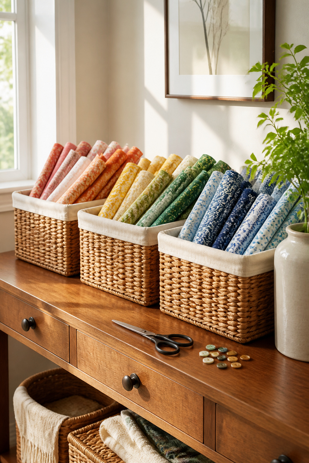 37 Fabric Storage Ideas to Organize Every Stash Size in 2026 30 Woven decorative baskets filled with rolled fabric on a table.