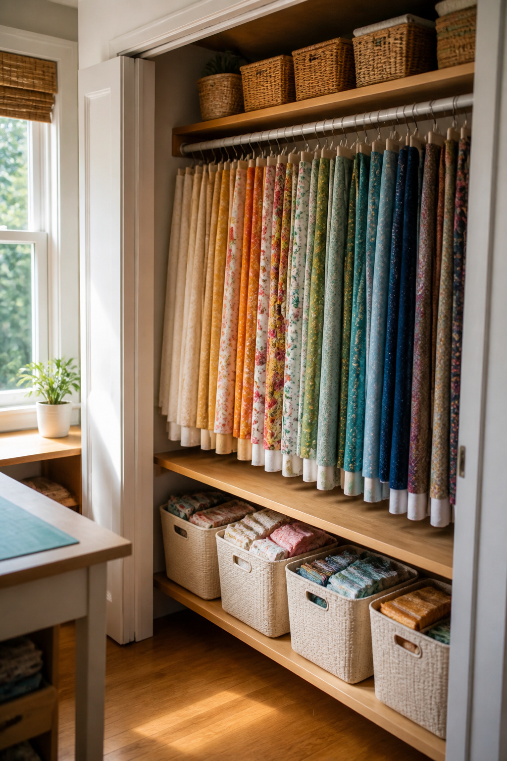 37 Fabric Storage Ideas to Organize Every Stash Size in 2026 31 Closet rod with organized fabric bolts hanging vertically.