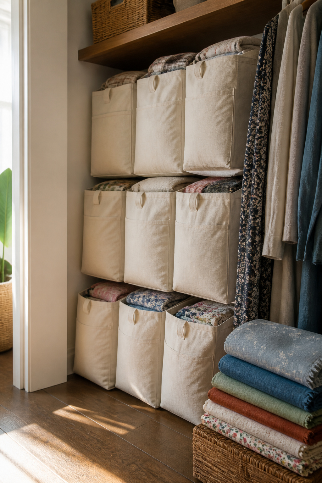 37 Fabric Storage Ideas to Organize Every Stash Size in 2026 33 Fabric storage bags labeled and stacked in a closet.