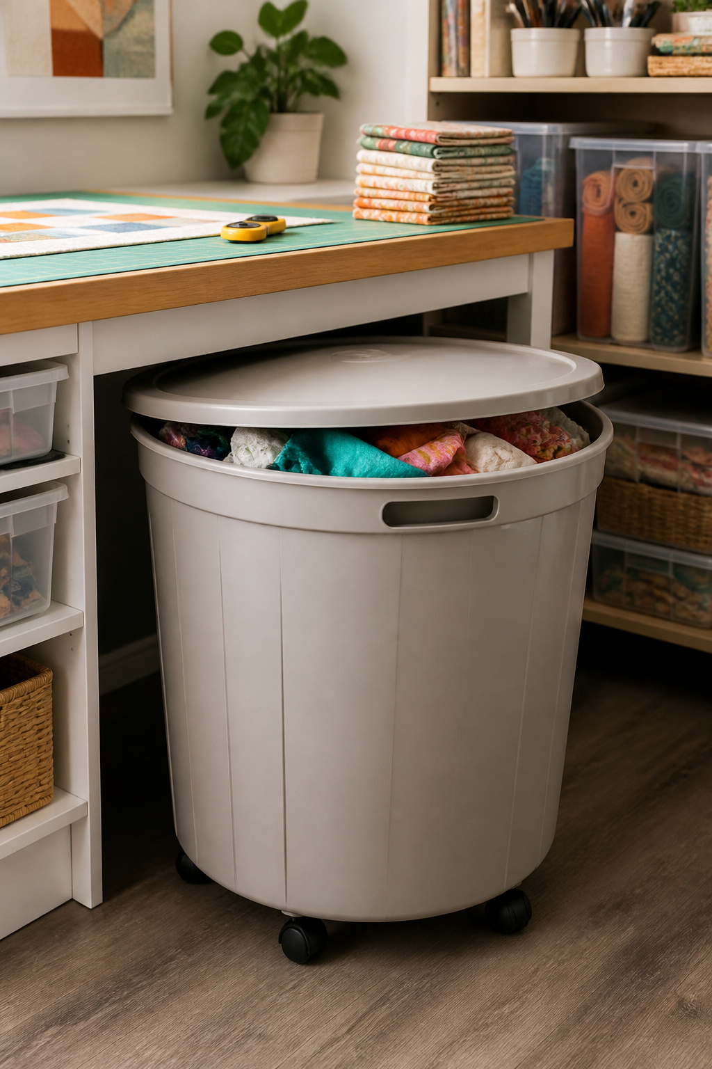 37 Fabric Storage Ideas to Organize Every Stash Size in 2026 35 Large rolling bin filled with assorted fabric scraps.