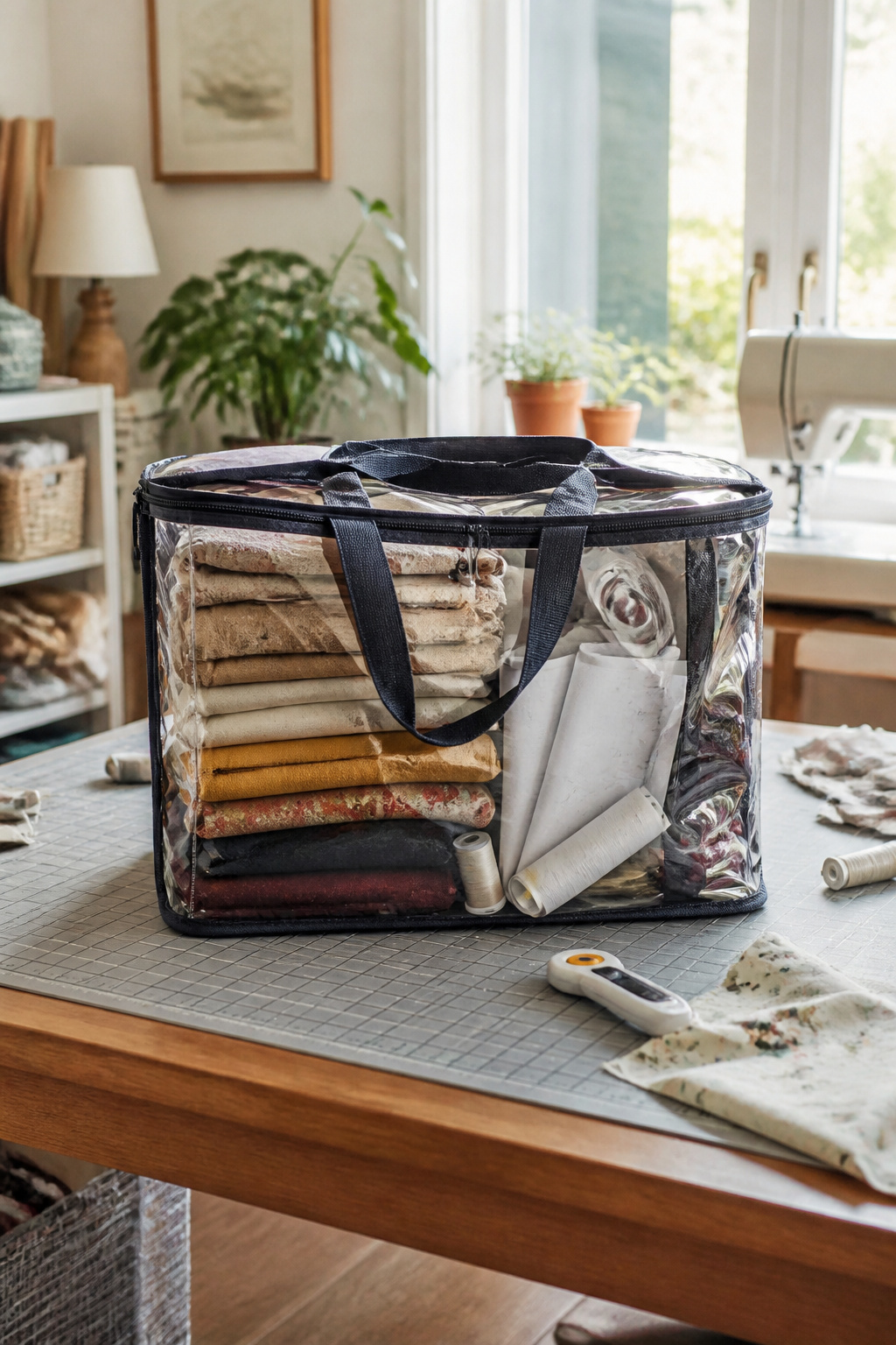 37 Fabric Storage Ideas to Organize Every Stash Size in 2026 36 Clear tote filled with fabric, pattern, and sewing supplies.